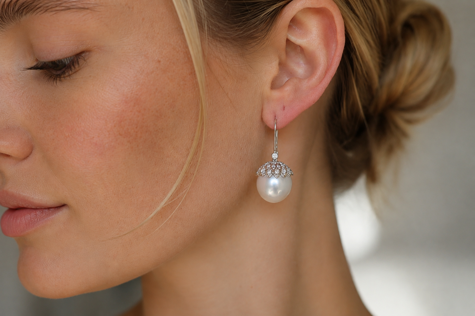 18ct White Gold 14mm South Sea Pearl and Diamond Acorn Style Earrings