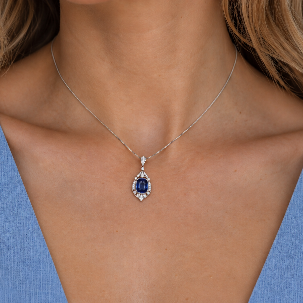 18ct White Gold Sapphire and Diamond Art Deco Style Pendant
