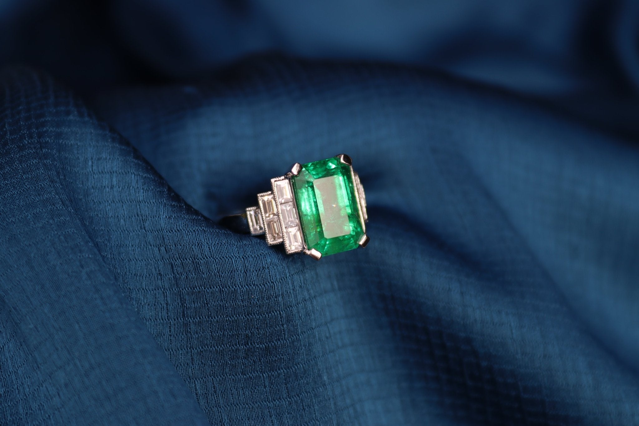 Platinum Emerald and Baguette Diamond Art Deco Style Ring - Burlington Jewellery