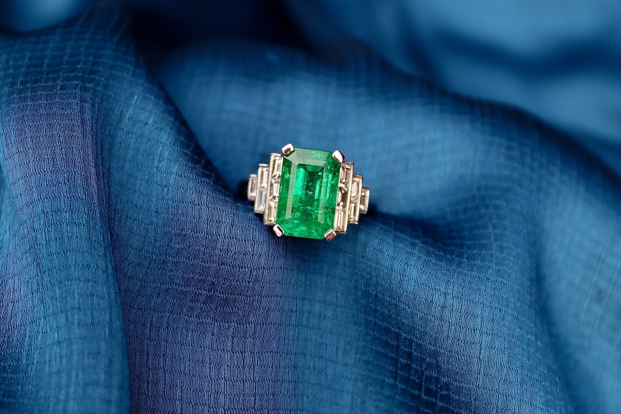 Platinum Emerald and Baguette Diamond Art Deco Style Ring - Burlington Jewellery