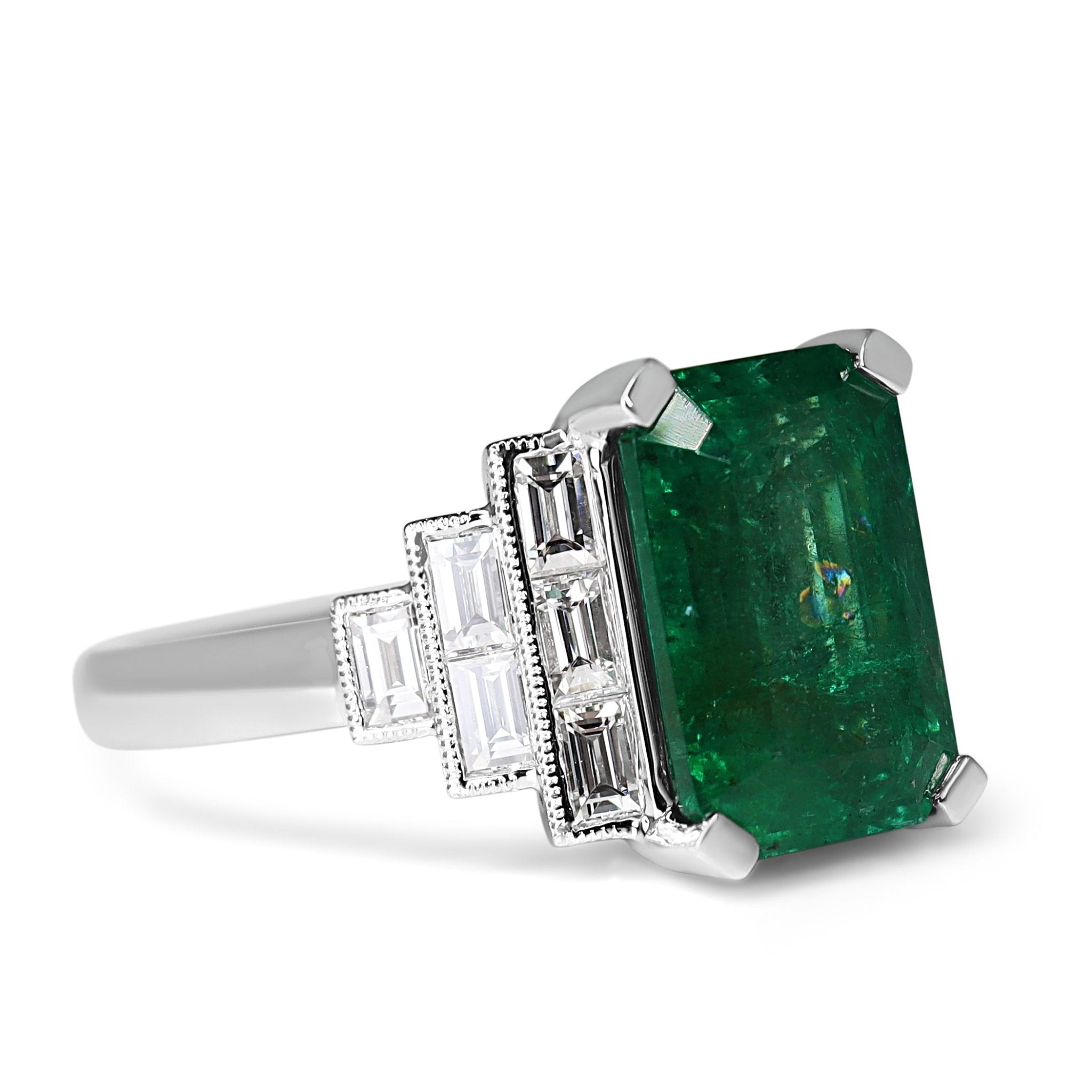 Platinum Emerald and Baguette Diamond Art Deco Style Ring - Burlington Jewellery