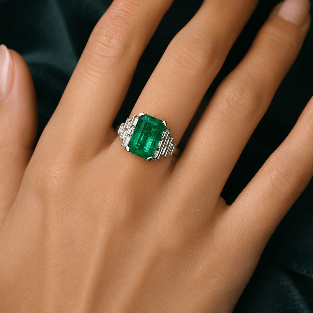 Platinum Emerald and Baguette Diamond Art Deco Style Ring - Burlington Jewellery