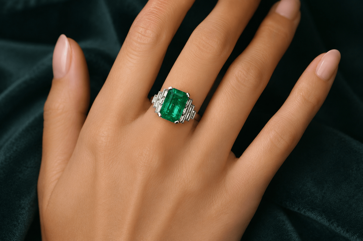 Platinum Emerald and Baguette Diamond Art Deco Style Ring - Burlington Jewellery