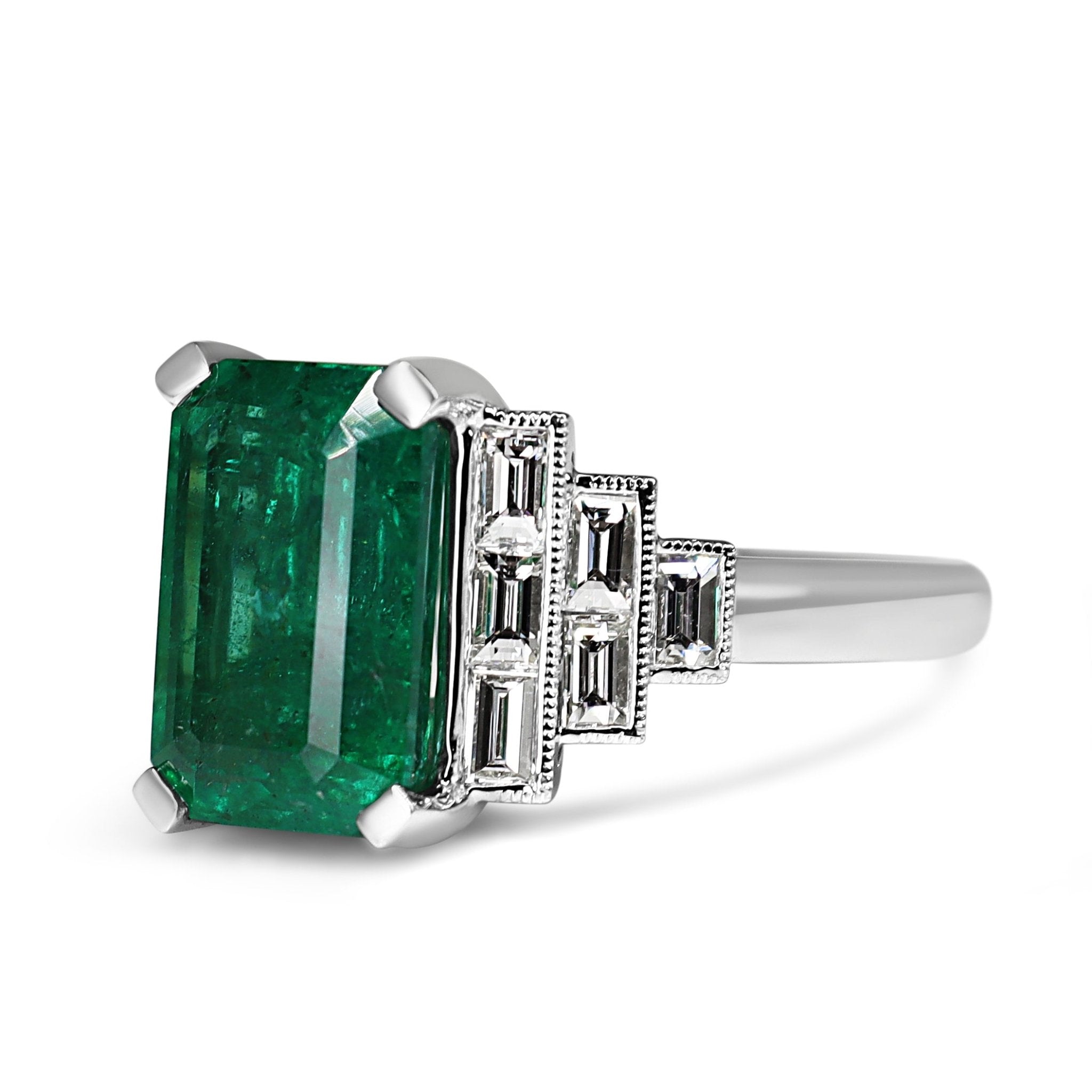 Platinum Emerald and Baguette Diamond Art Deco Style Ring - Burlington Jewellery