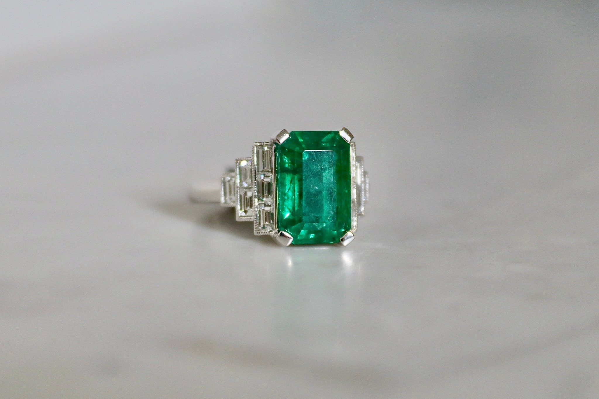 Platinum Emerald and Baguette Diamond Art Deco Style Ring - Burlington Jewellery