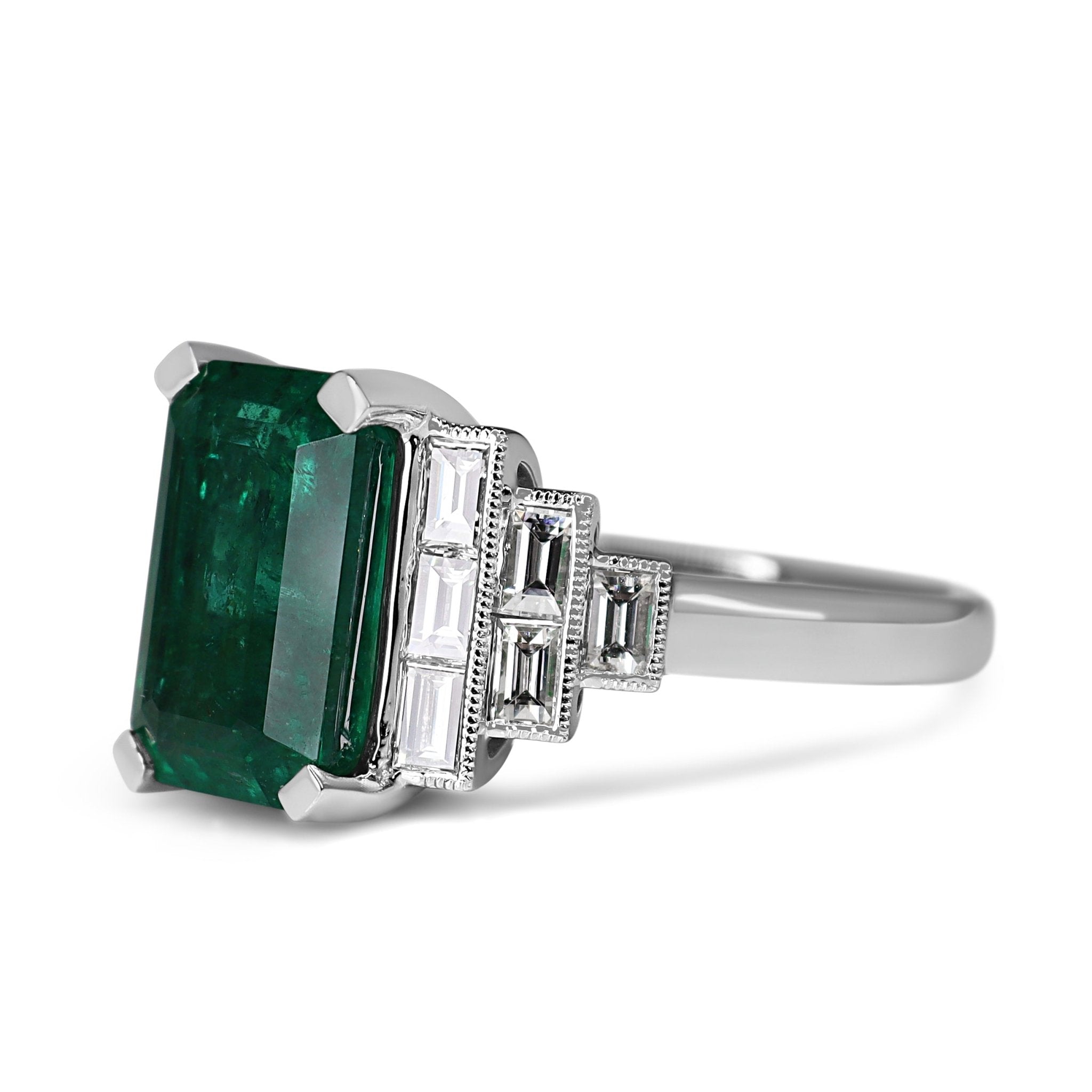 Platinum Emerald and Baguette Diamond Art Deco Style Ring - Burlington Jewellery