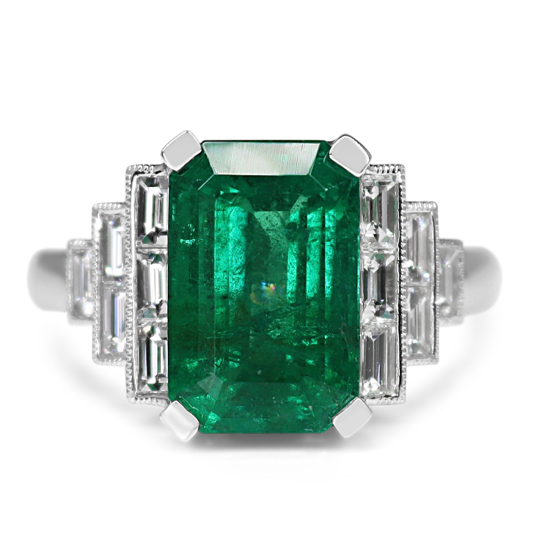 Platinum Emerald and Baguette Diamond Art Deco Style Ring - Burlington Jewellery