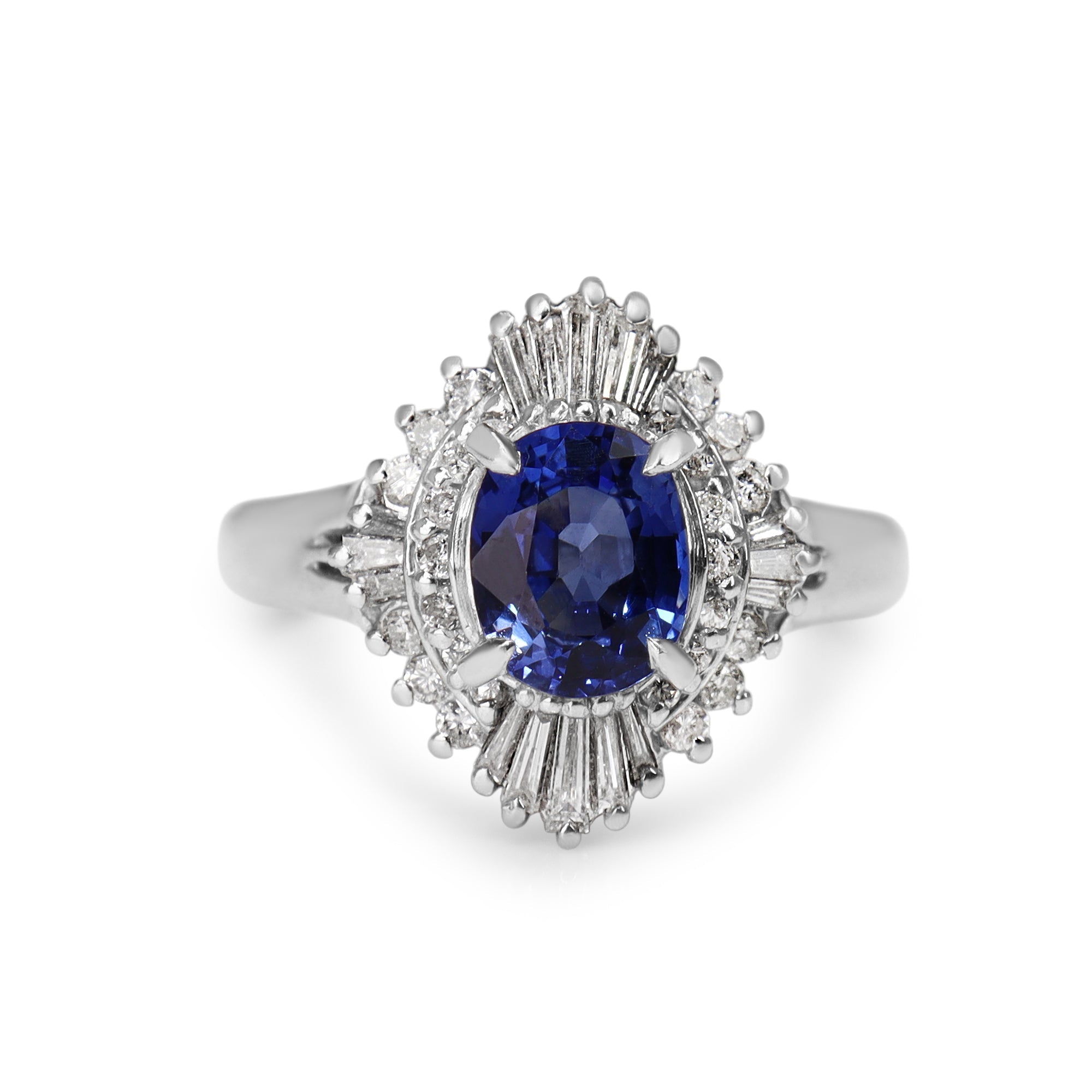 Platinum Sapphire and Diamond Halo Ballerina Ring - Burlington Jewellery