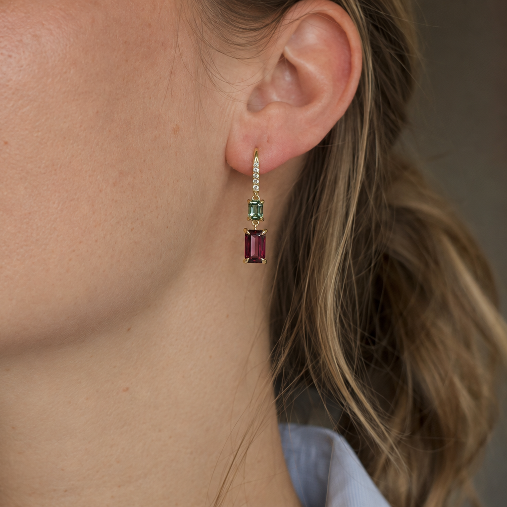 18ct Yellow Gold, Green Sapphire, Rhodolite Garnet and Diamond Drop Earrings