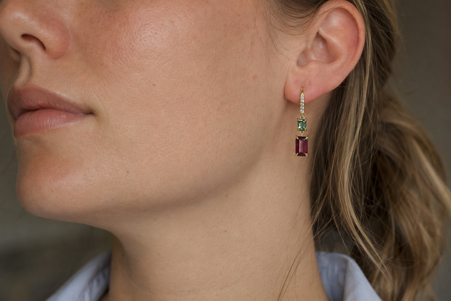 18ct Yellow Gold, Green Sapphire, Rhodolite Garnet and Diamond Drop Earrings