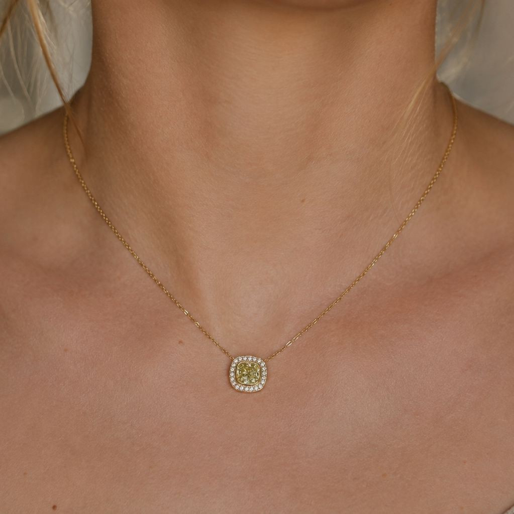 18ct Yellow Gold Fancy Yellow Cushion Diamond Halo Necklace