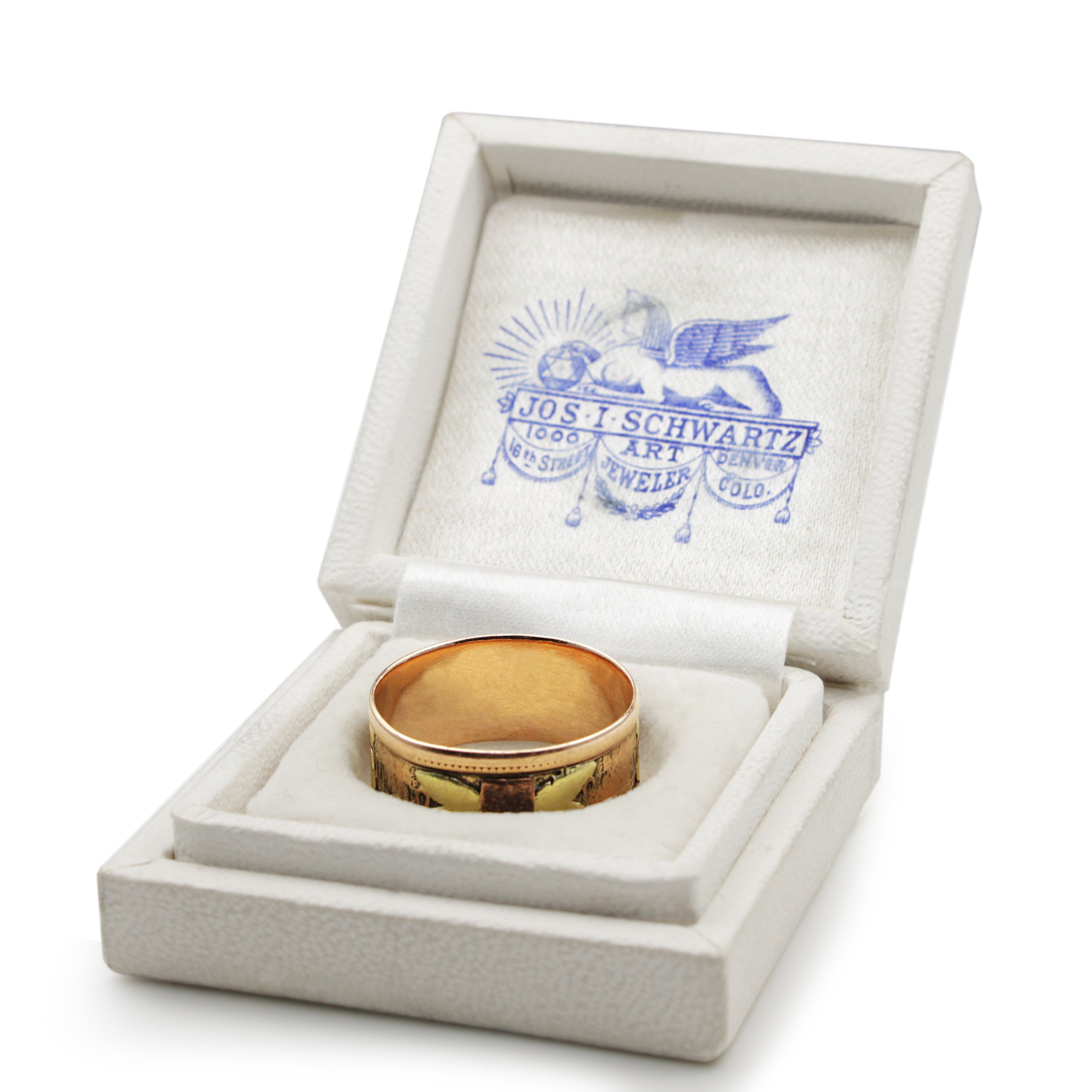 14ct three-tone antique ring circa 1800s displayed in its presentation box