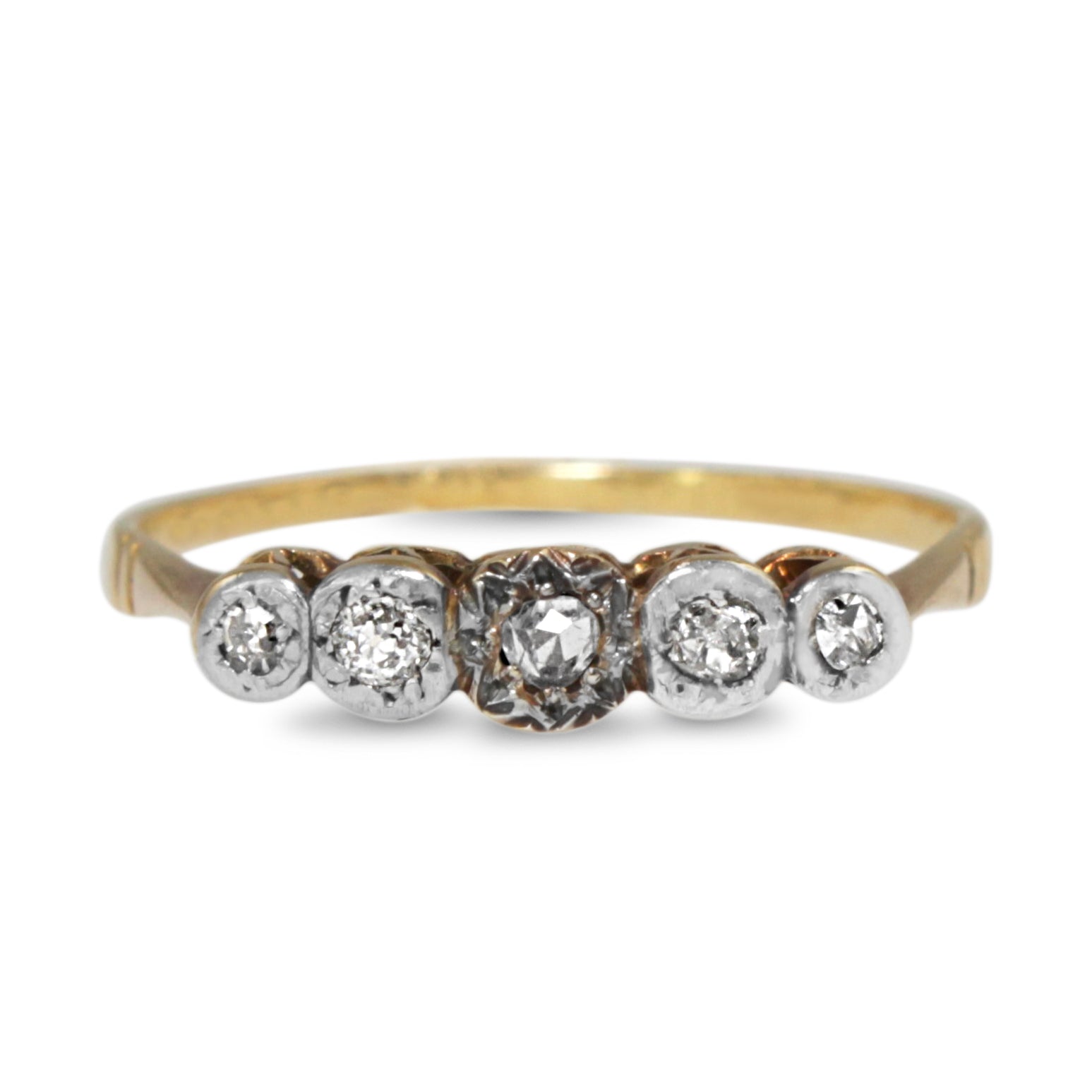 18ct yellow and white gold vintage rose cut 5 stone ring front view