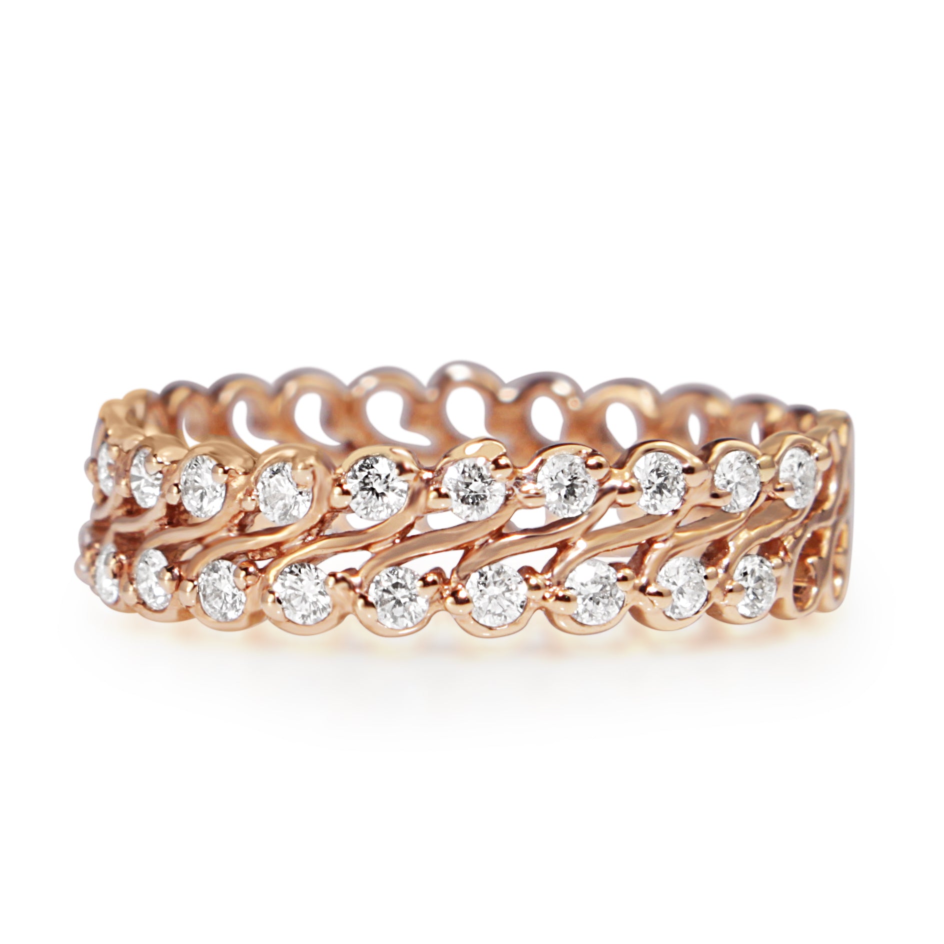 Front view of 18ct rose gold double row diamond band with round diamonds