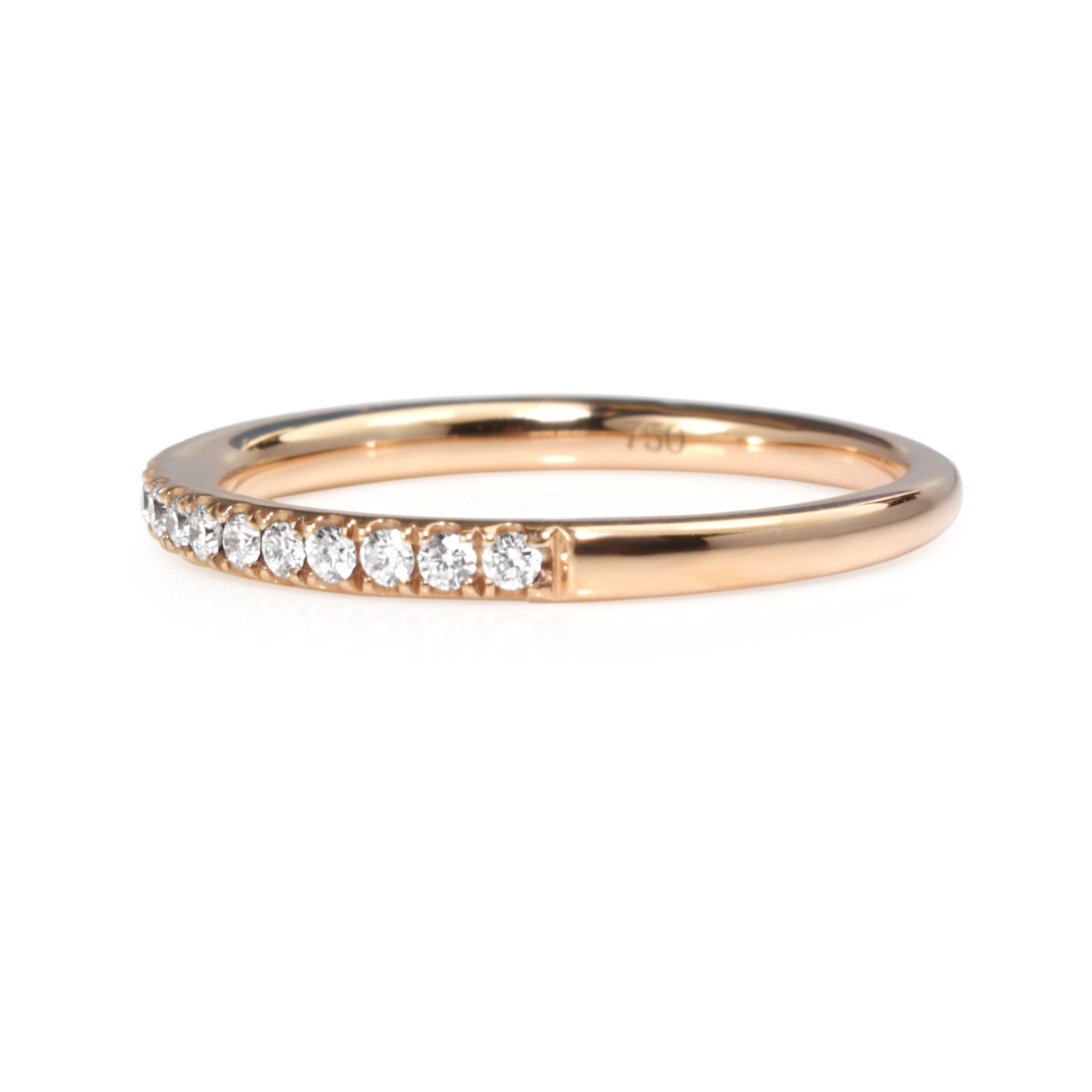 Side view of 18ct rose gold diamond half hoop band showing the diamond-set front and polished band