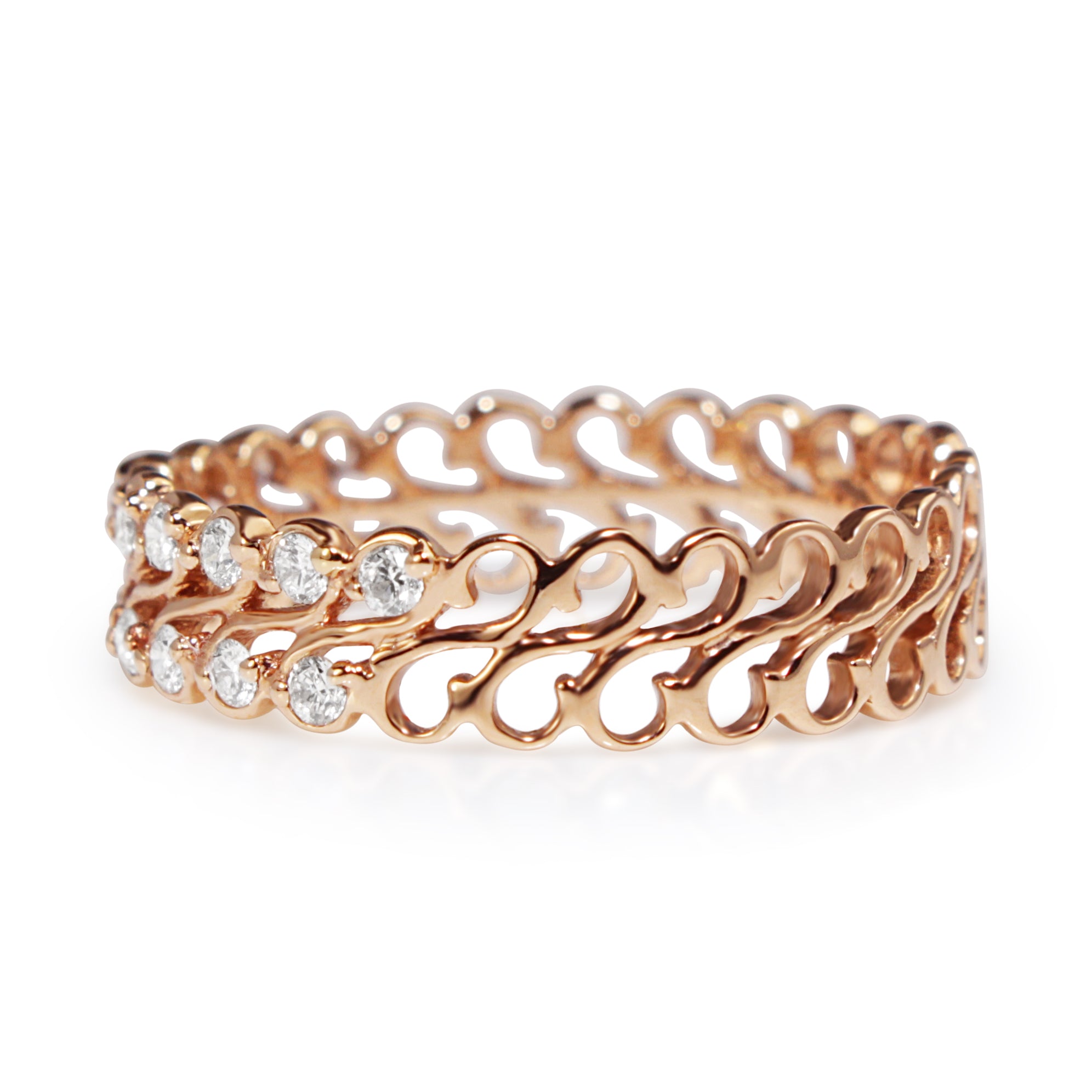 Angled view of 18ct rose gold double row diamond band showing the openwork design