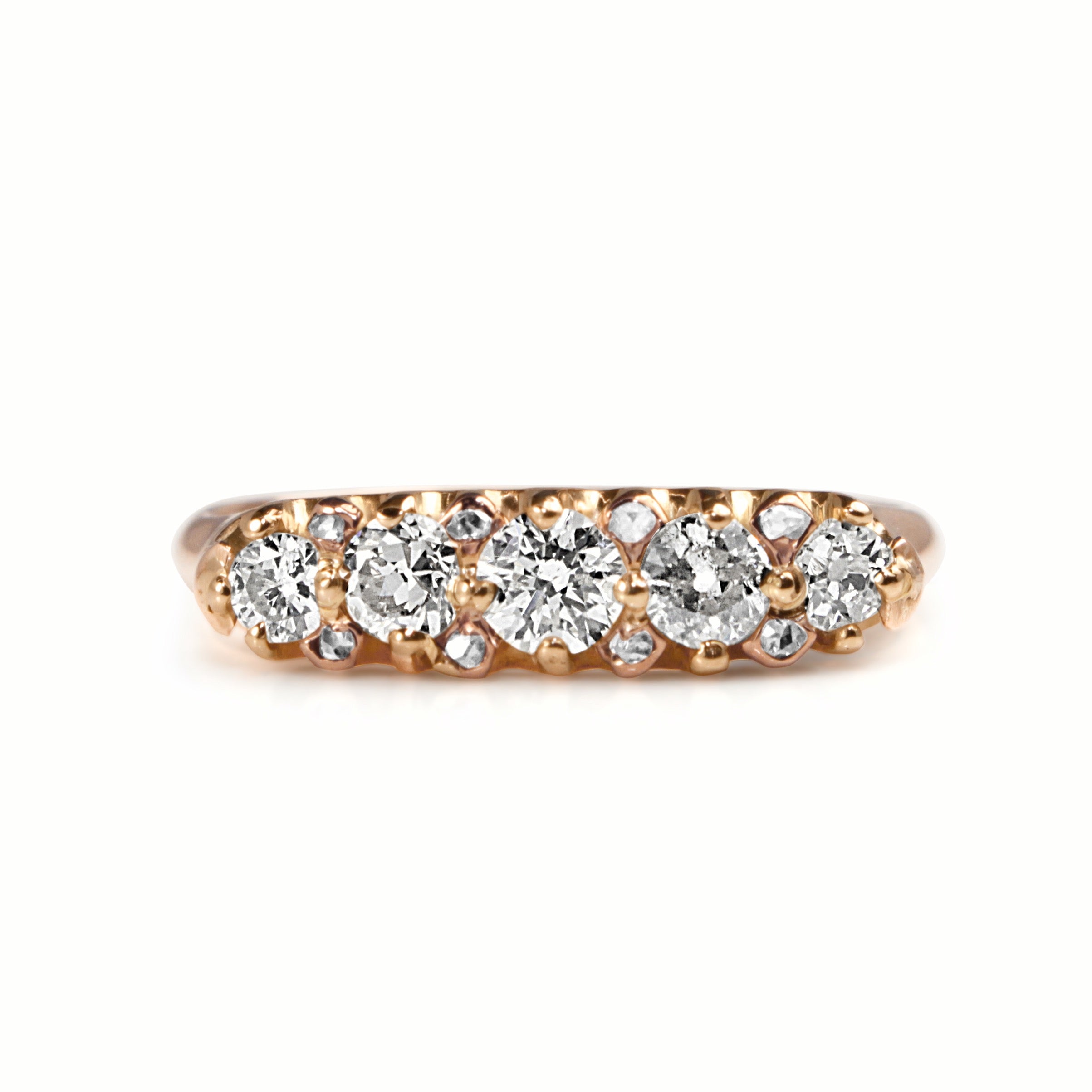 18ct rose gold 0.75ct old and rose cut diamond five stone ring front view