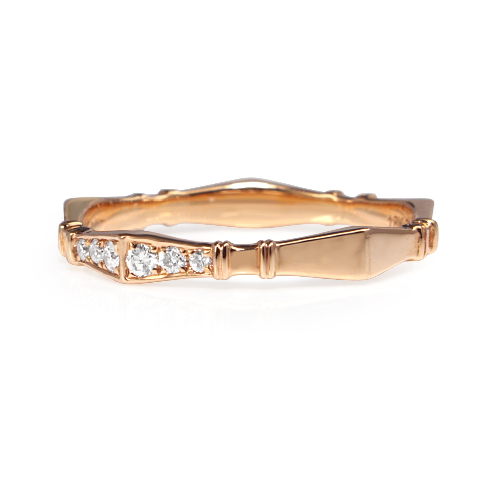 Side view of 18ct rose gold vintage style diamond half hoop band showing the diamond-set and polished sections