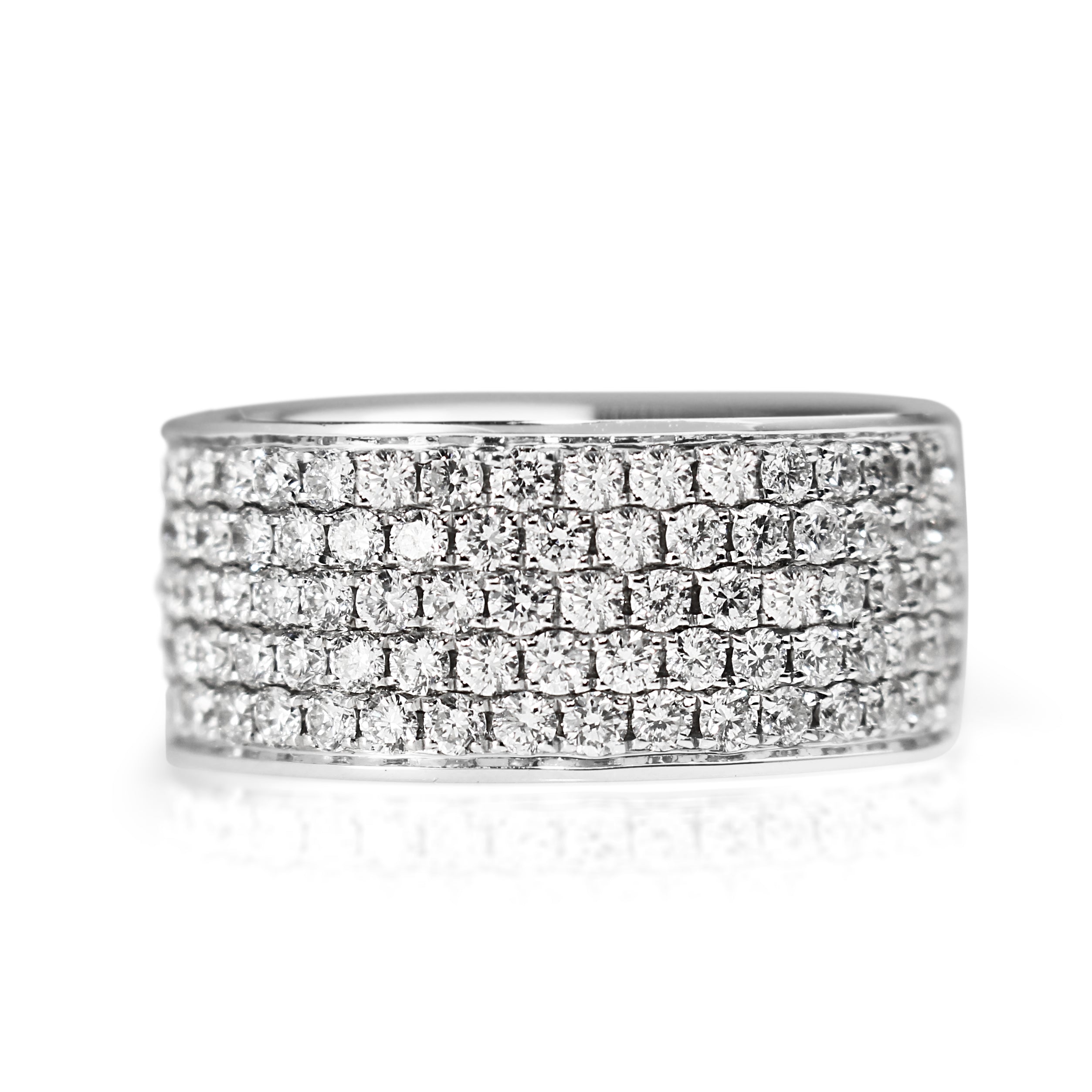Front view of an 18ct white gold 1.60ct wide pavé diamond band