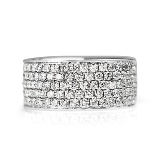 Front view of an 18ct white gold 1.60ct wide pavé diamond band