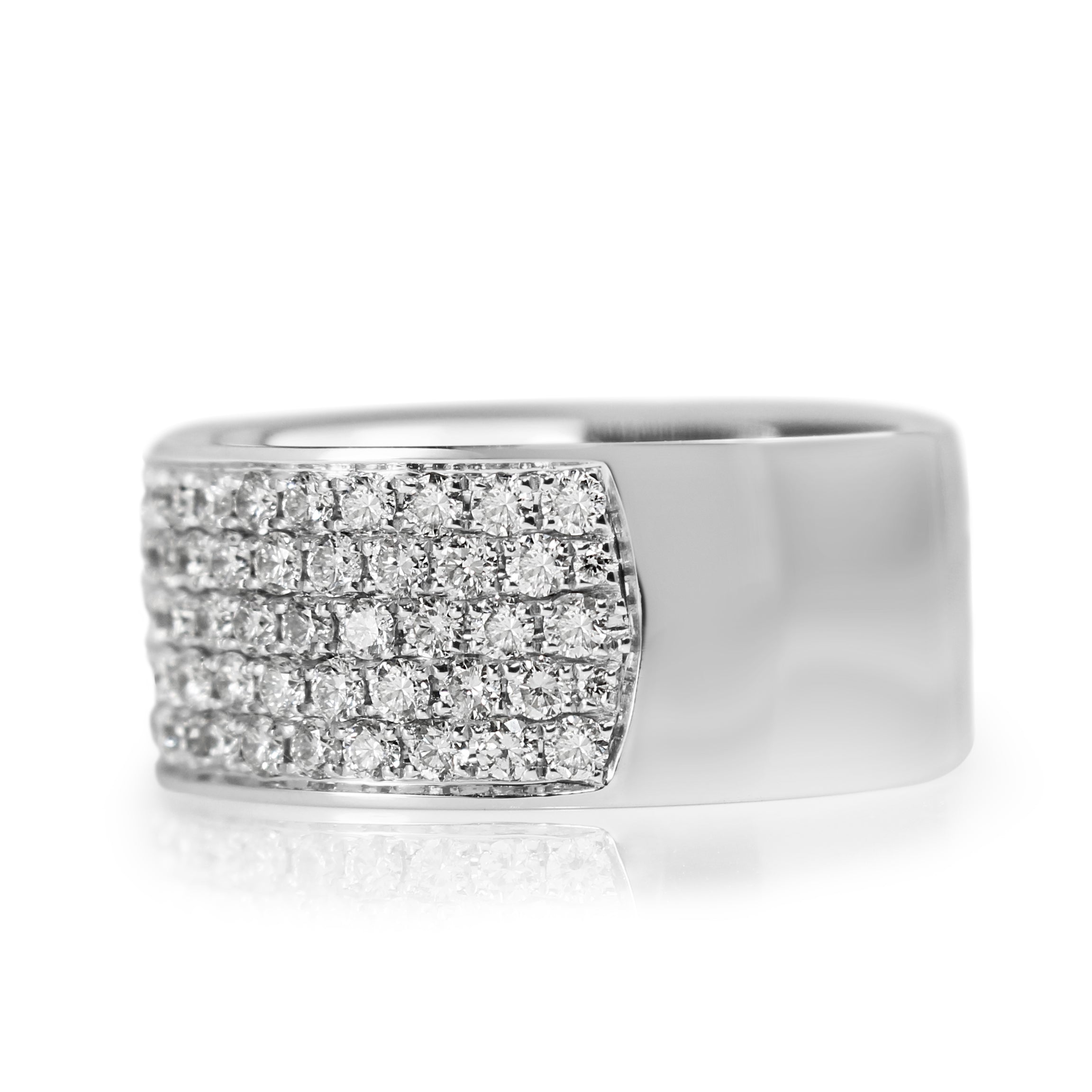 Side view of the wide 18ct white gold pavé diamond band