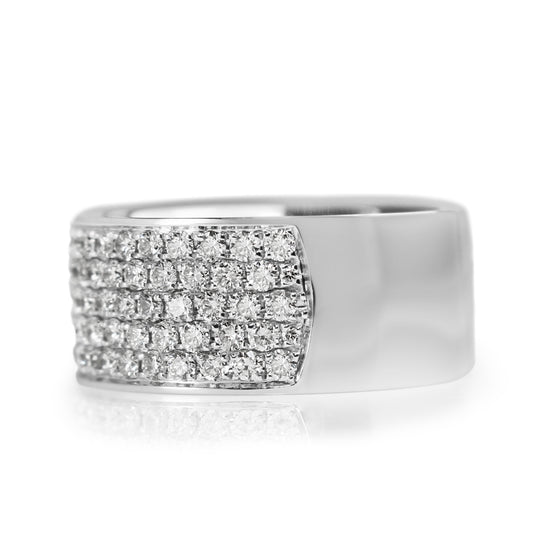 Side view of the wide 18ct white gold pavé diamond band