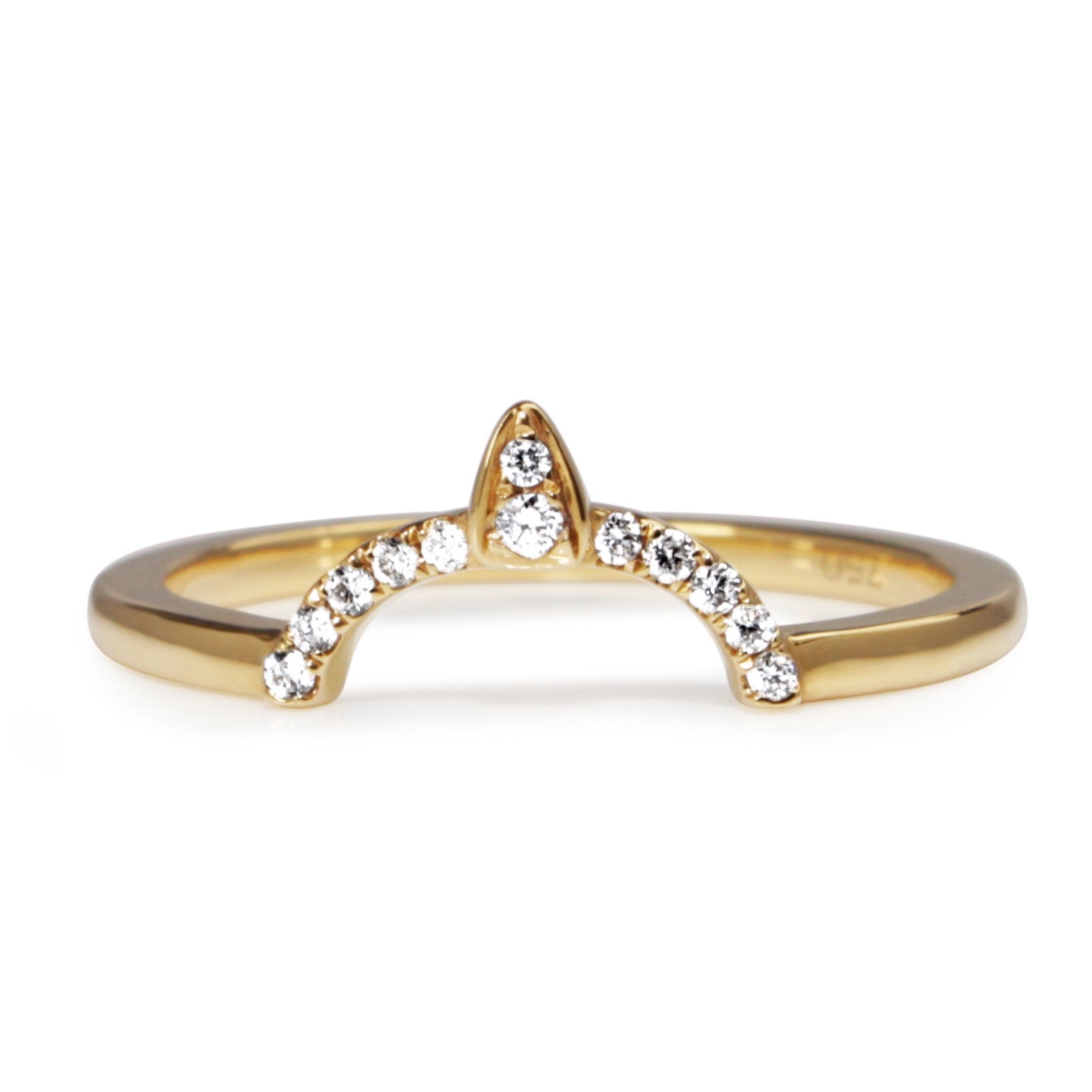 Front view of 18ct yellow gold curved tiara diamond band with diamond-set sides and raised centre