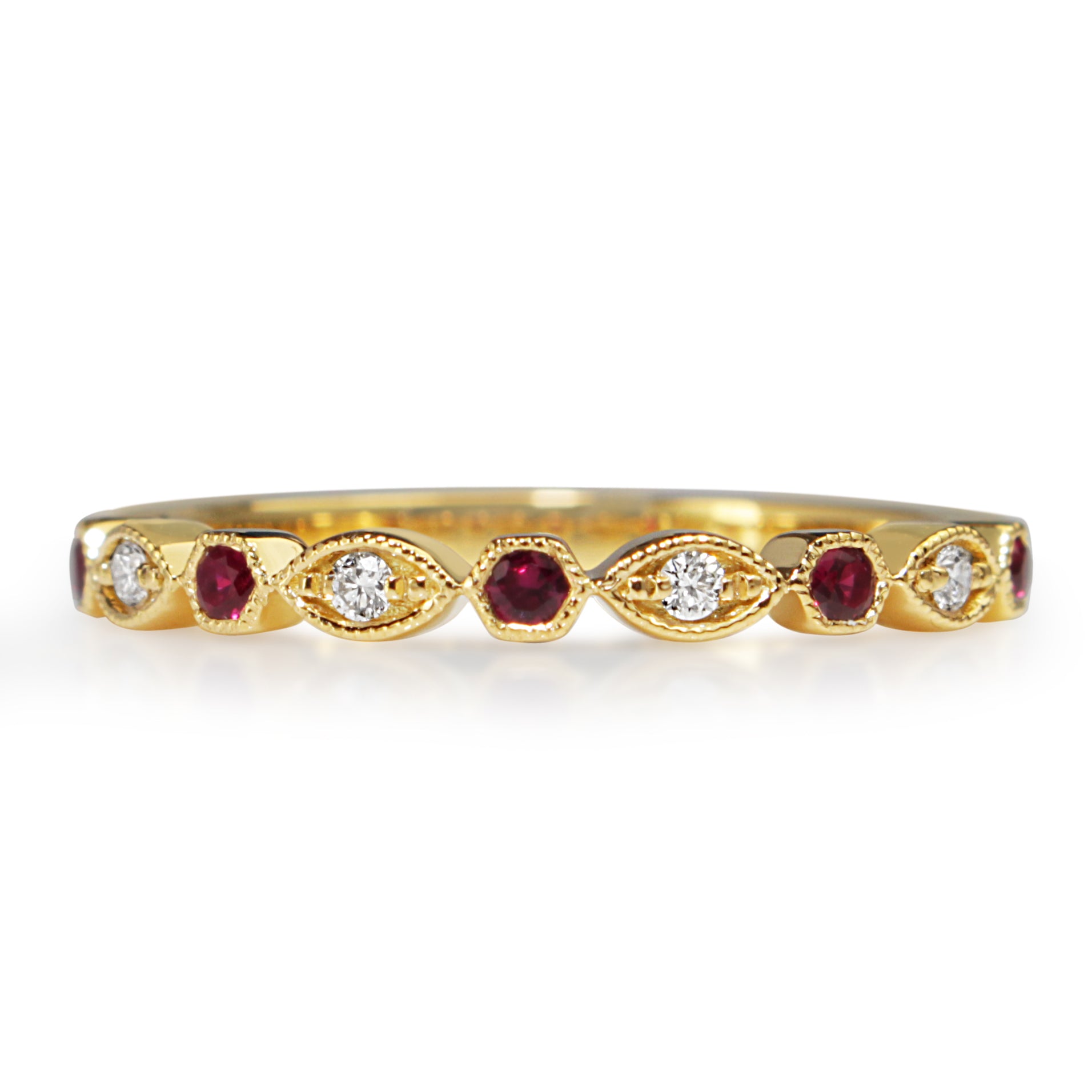 18ct yellow gold ruby and diamond vintage style band shown from the front