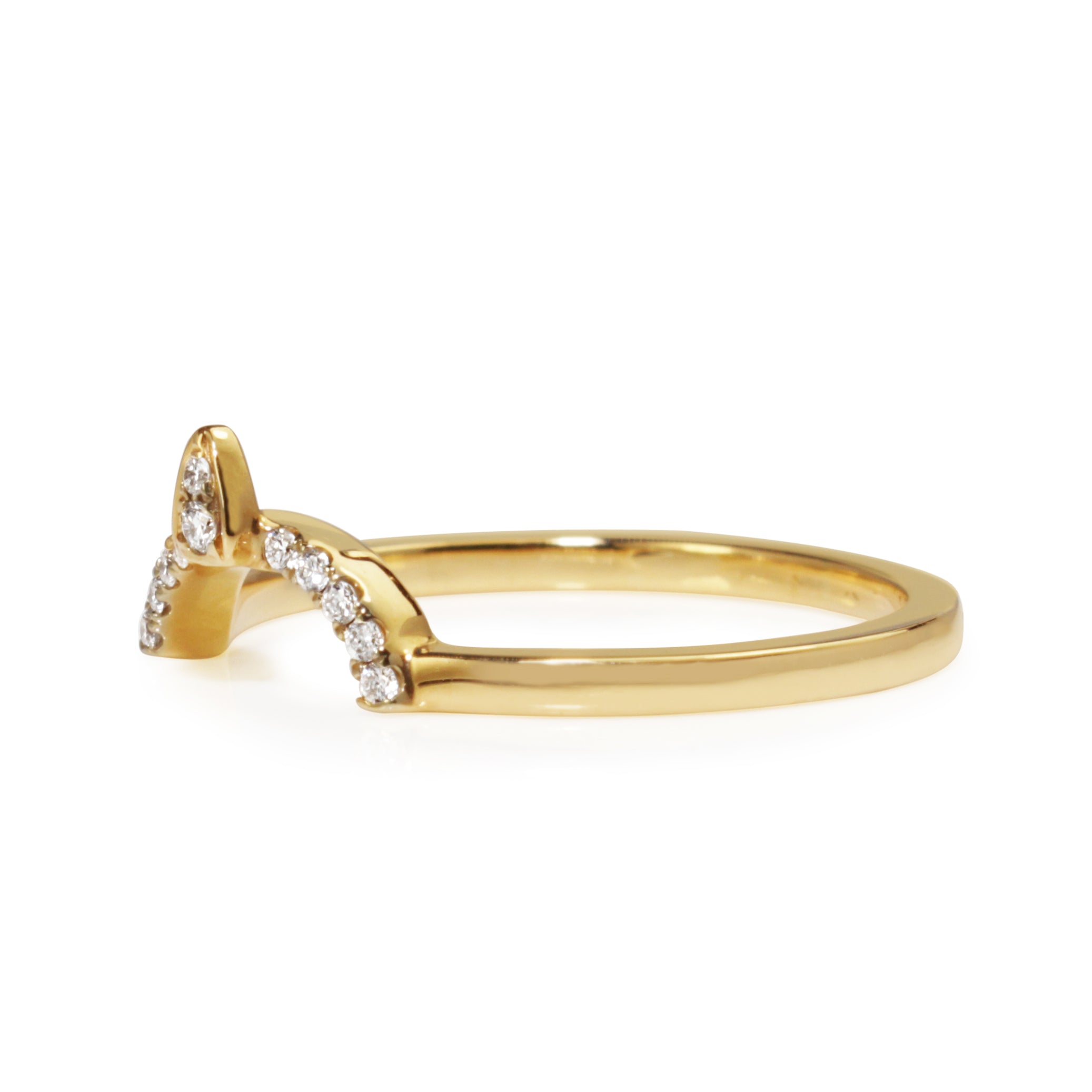 Angled view of 18ct yellow gold tiara diamond band showing the curved diamond-set profile