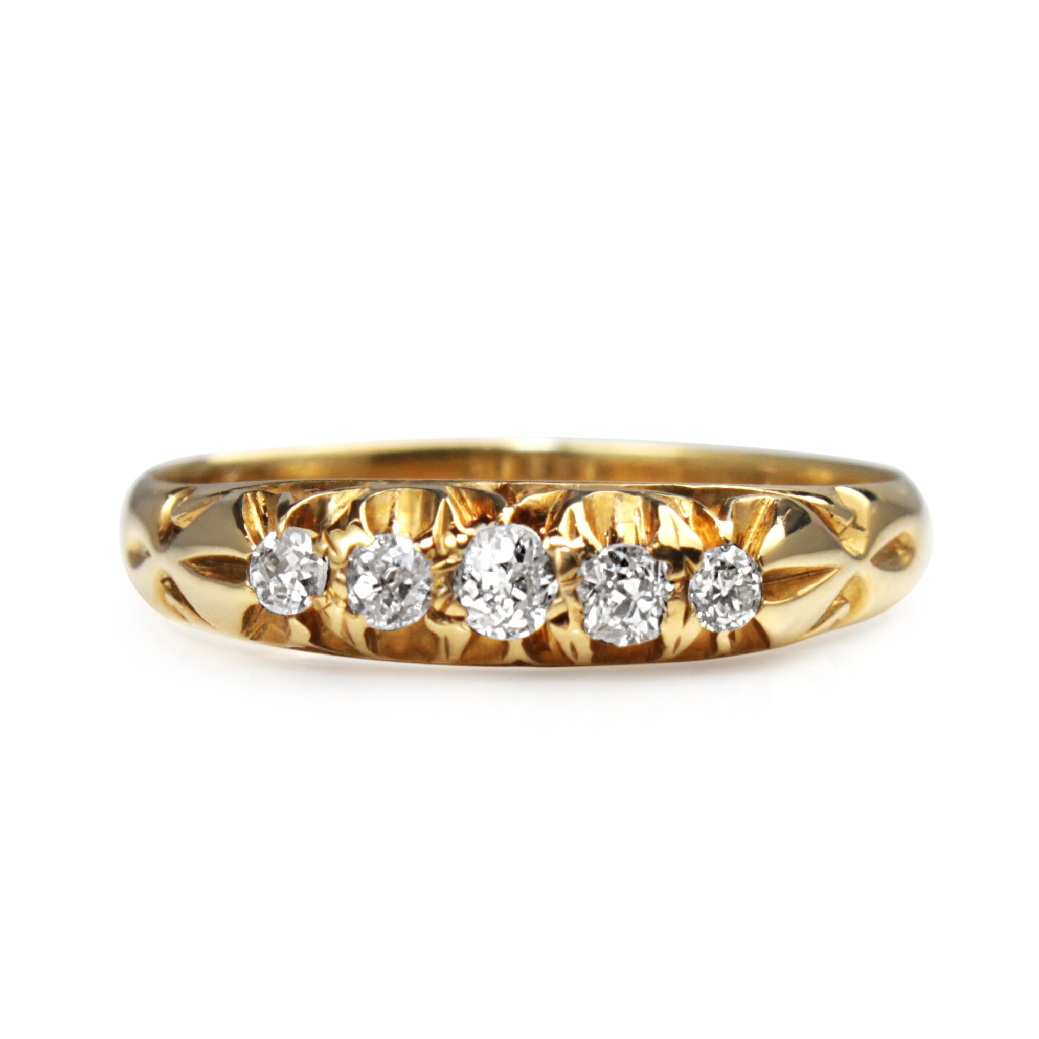 Front view of an 18ct yellow gold vintage five stone ring with old cut diamonds