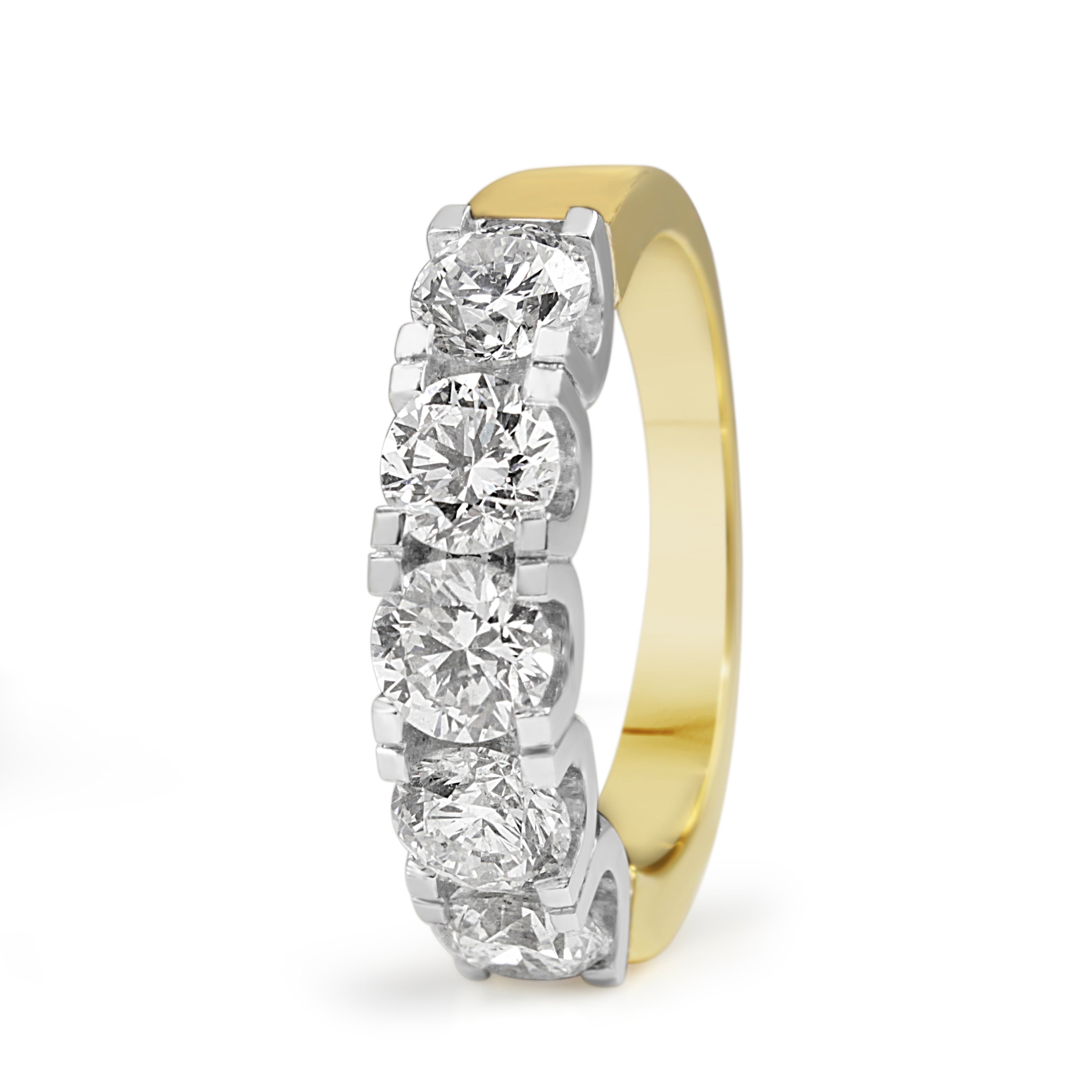 Side view of 18ct yellow and white gold 2.56ct five stone diamond ring
