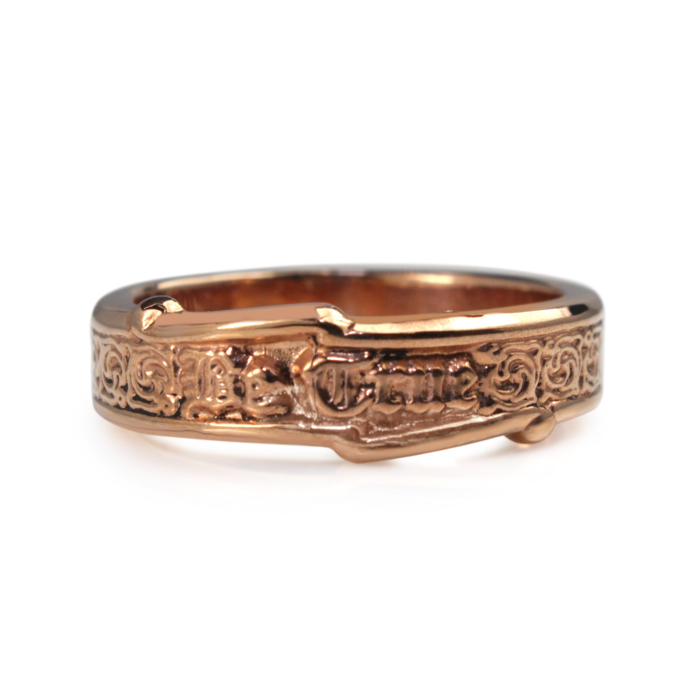 9ct rose gold ‘Be True’ antique style band front view
