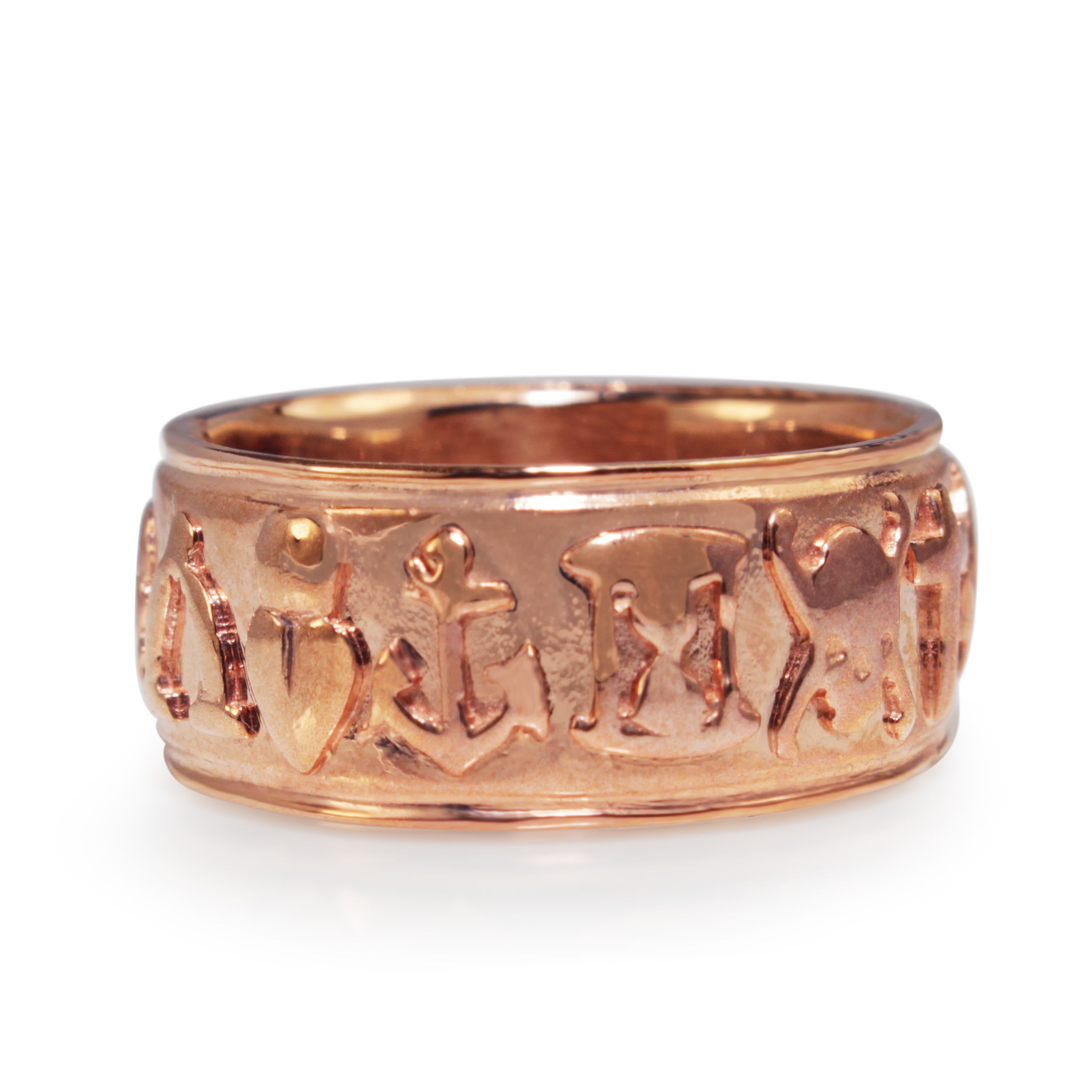 Close-up of the symbolic motifs around the 9ct rose gold Masonic band