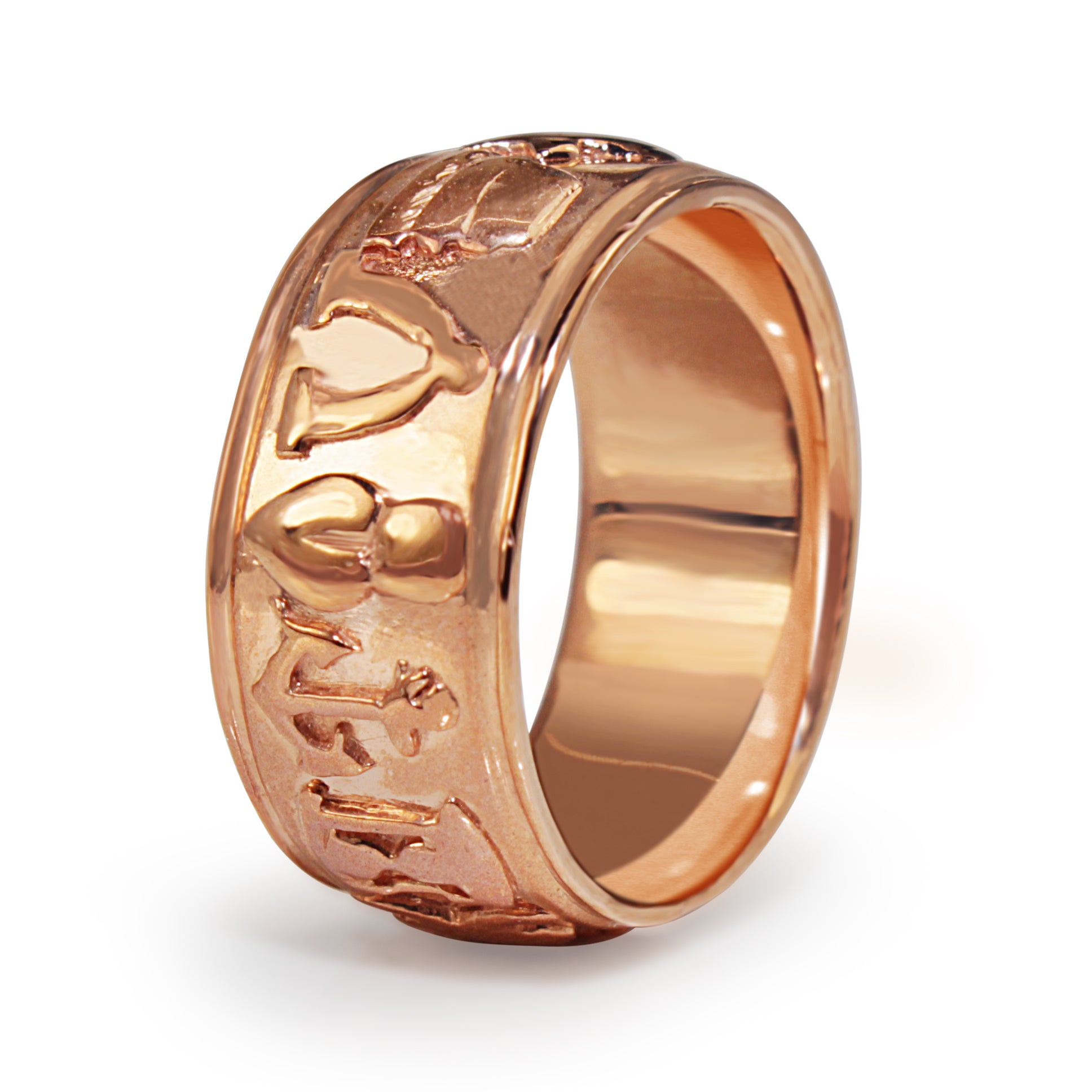Angled view of 9ct rose gold Masonic band ring with raised symbolic motifs