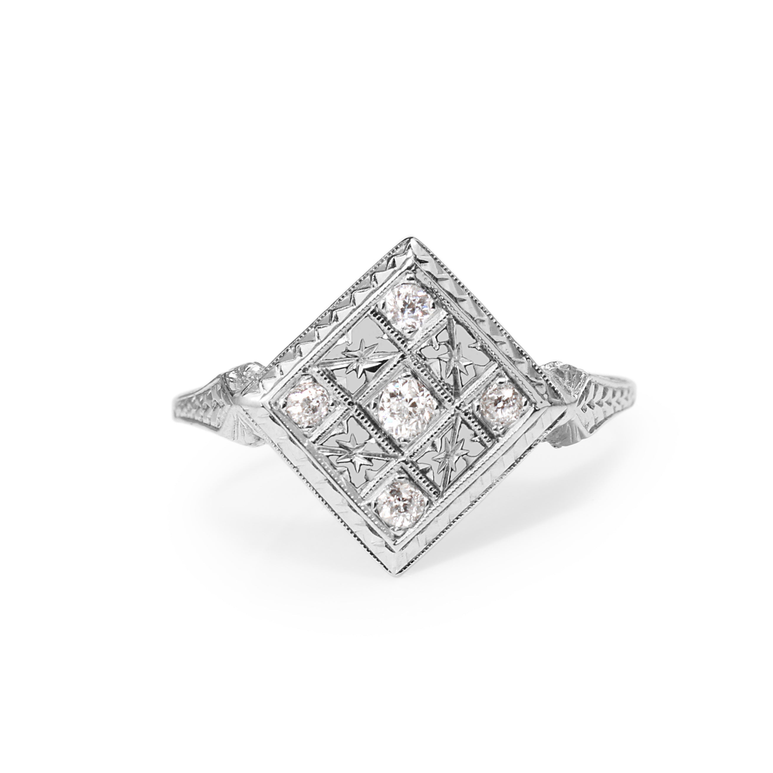 Antique diamond checkerboard ring in 18ct white gold