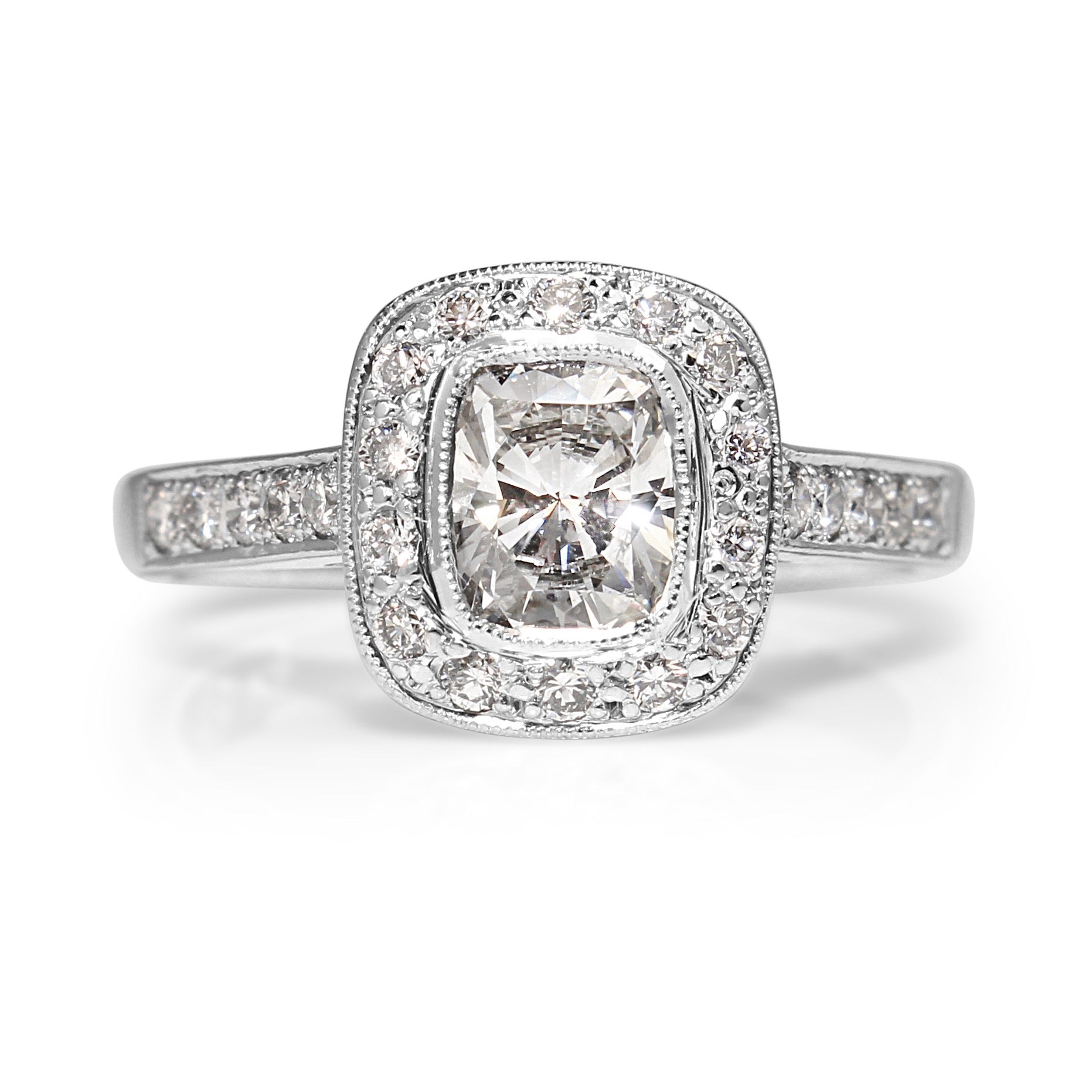 18ct White Gold Cushion Bezel Diamond Halo Engagement Ring