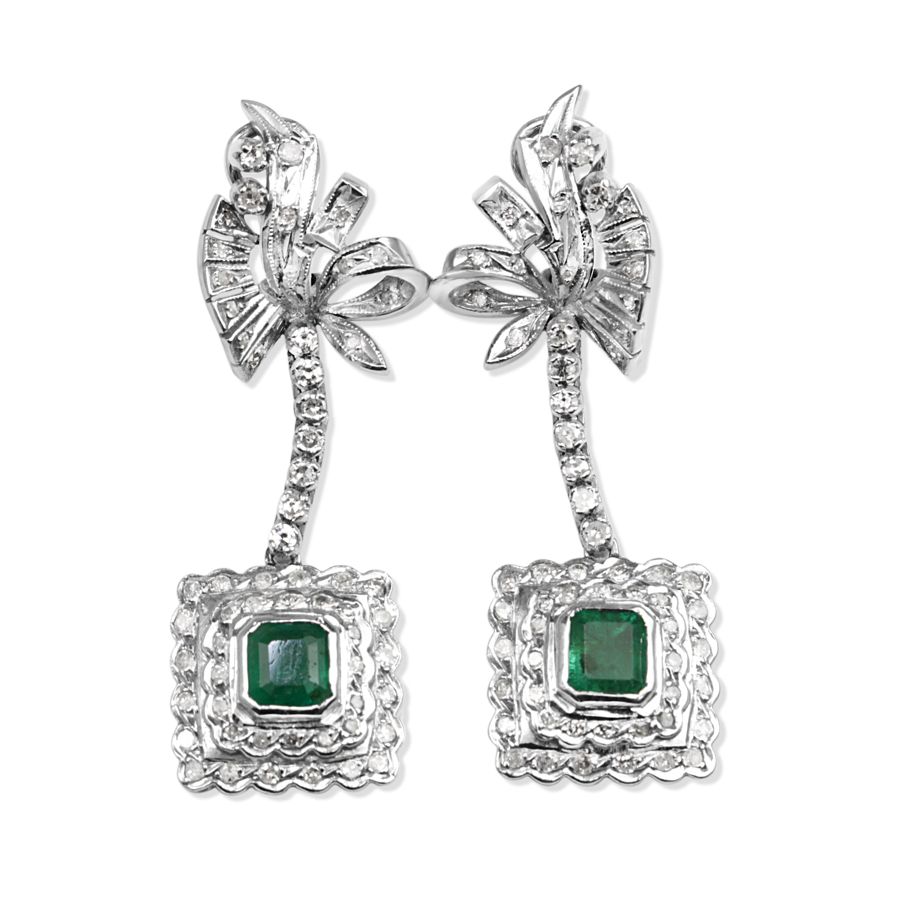 Platinum Palladium Emerald Diamond Deco Earrings