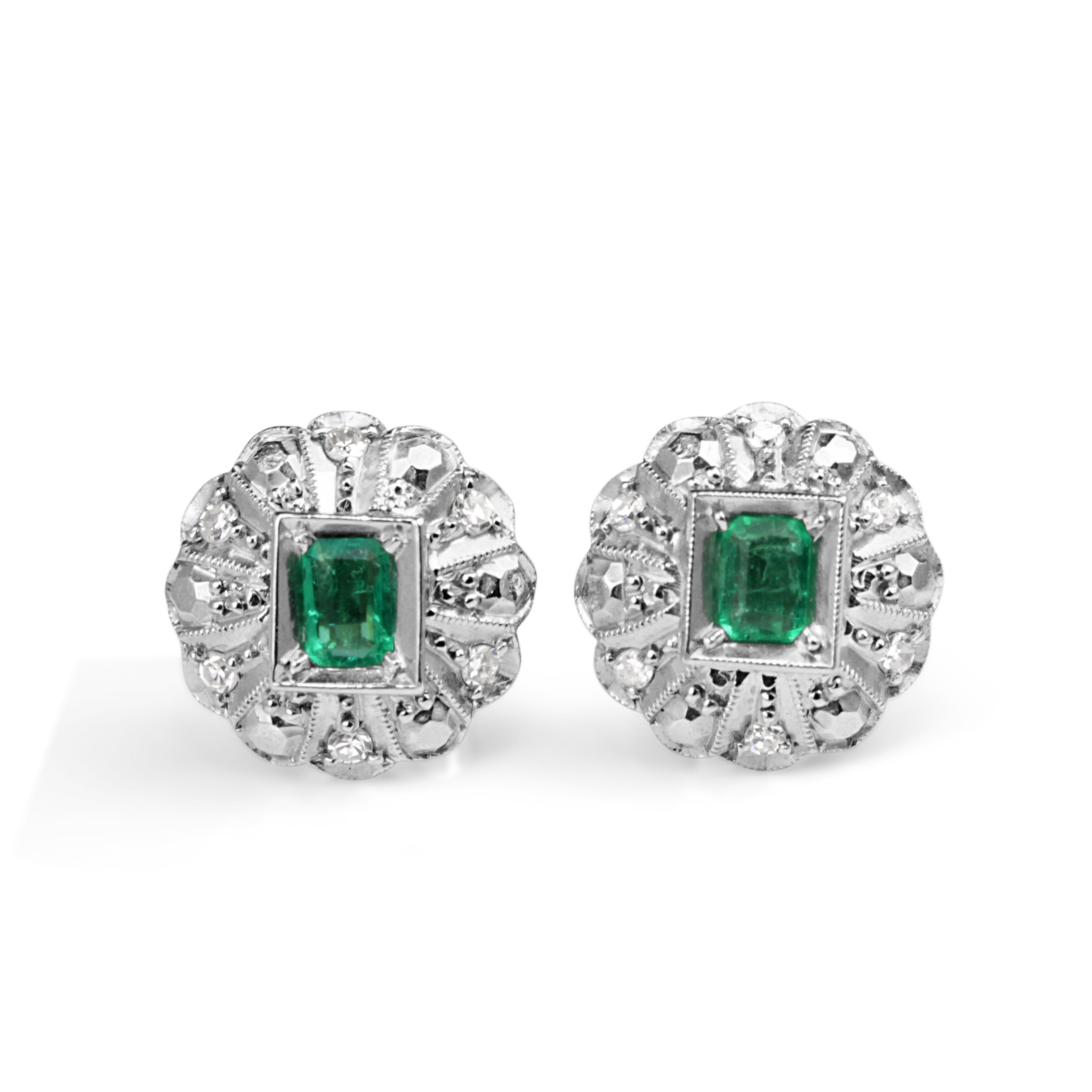 Palladium Art Deco Emerald Diamond Stud Earrings close up