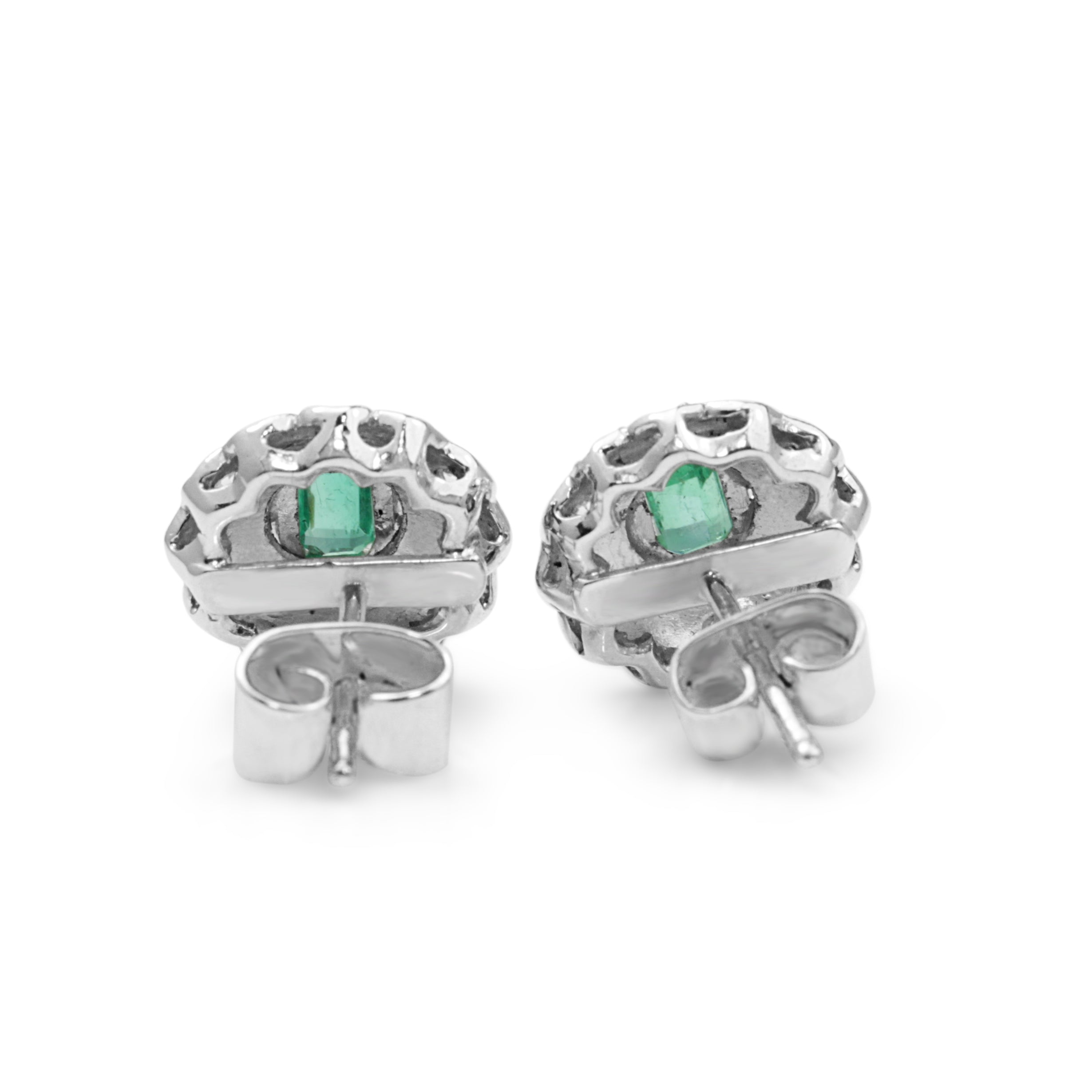 Palladium Art Deco Emerald and Diamond Stud Earrings