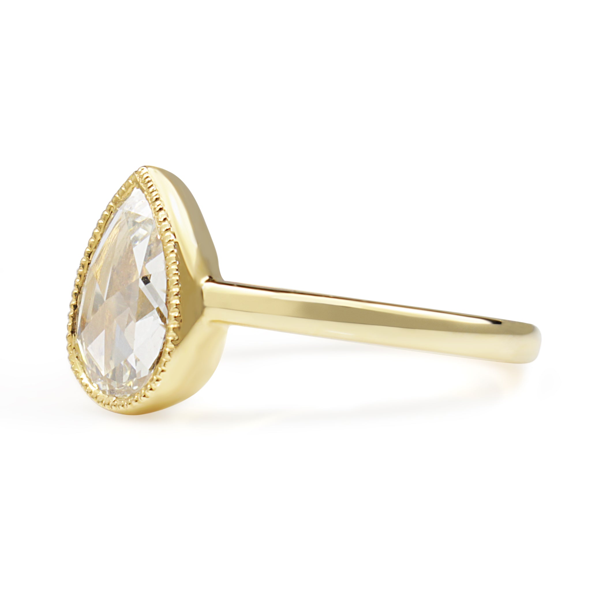 18ct Yellow Gold Pear Shaped Rose Cut Bezel Solitaire Ring