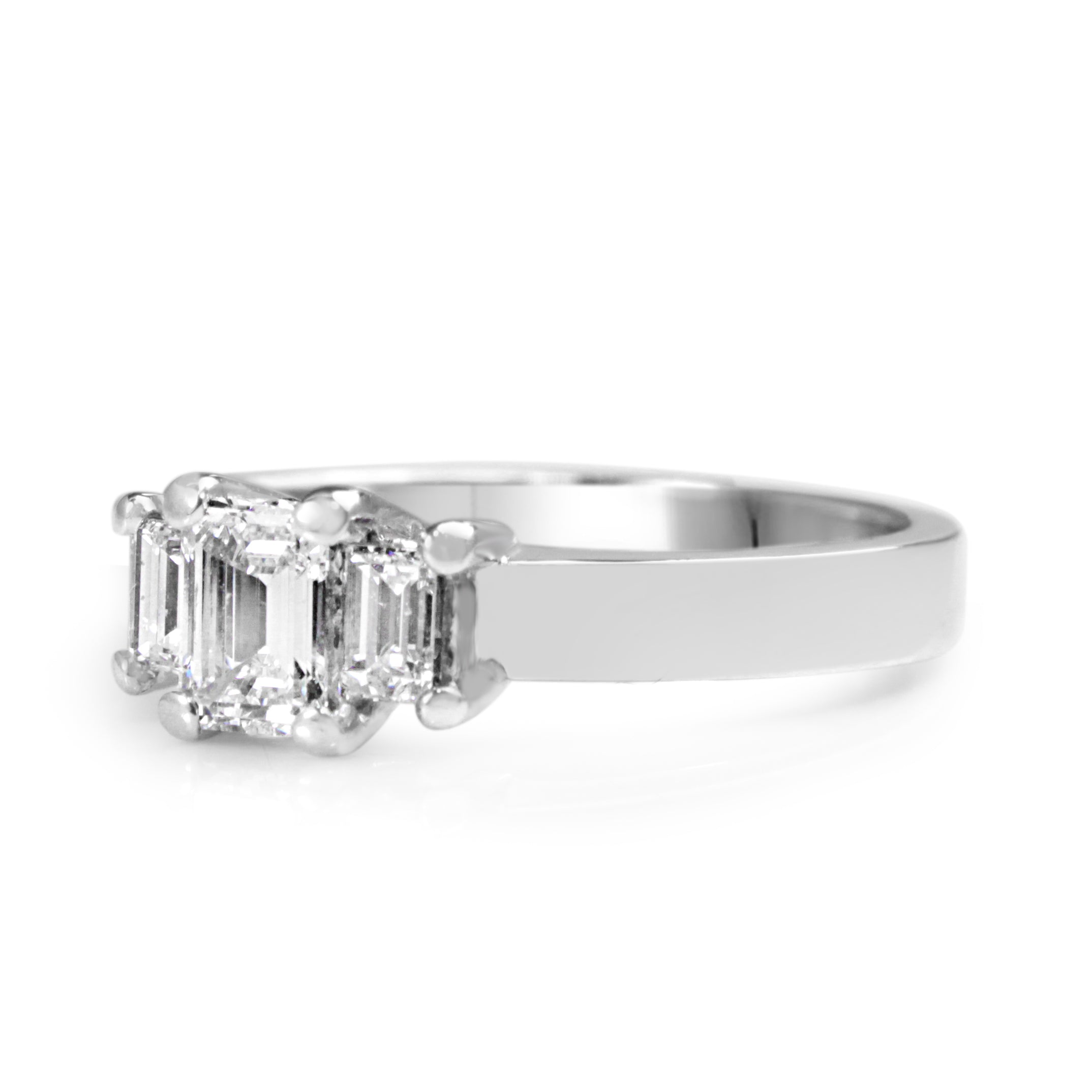 18ct White Gold Emerald  Cut and Baguette Diamond 3 Stone Ring