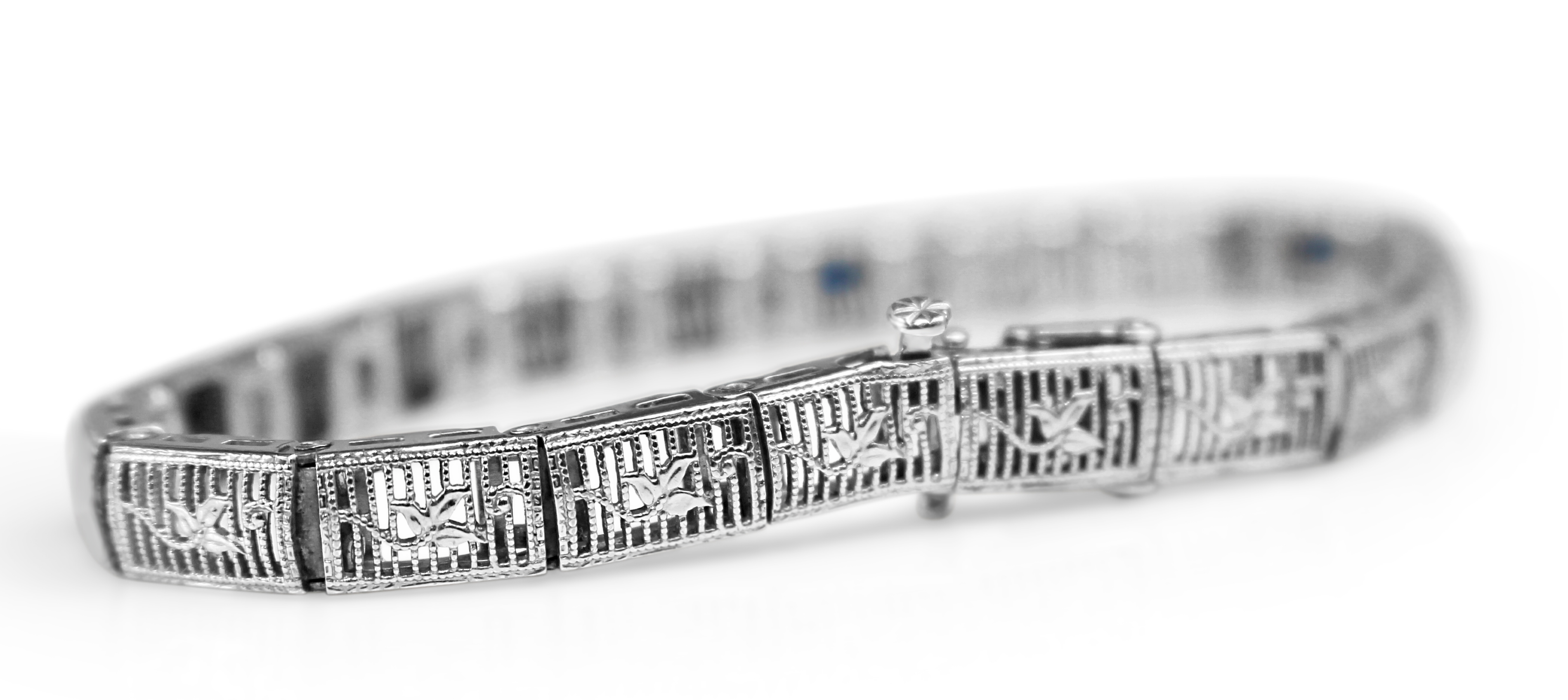 10ct White Gold Vintage Filigree Synthetic Sapphire Bracelet