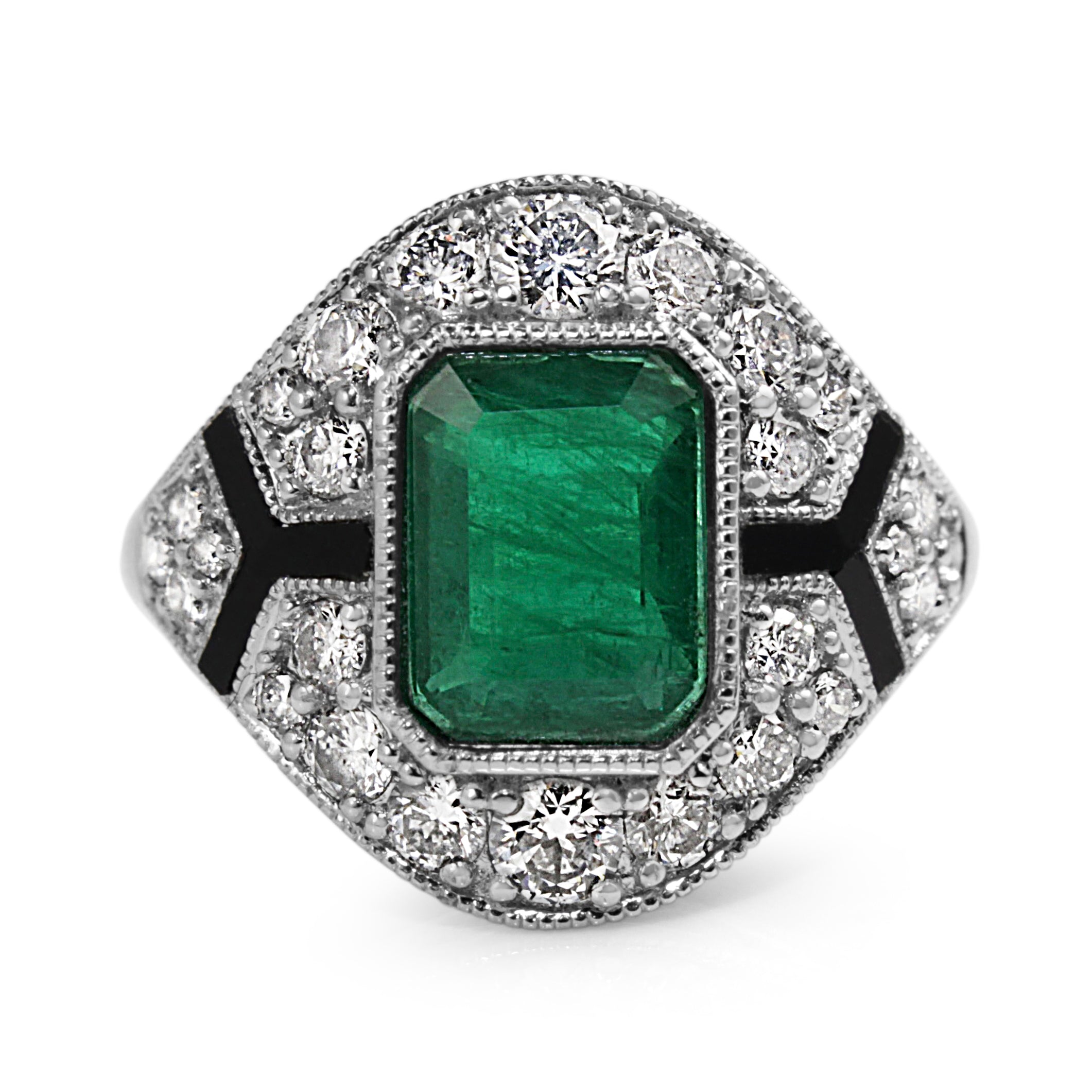 Platinum Emerald, Enamel and Diamond Deco Style Ring