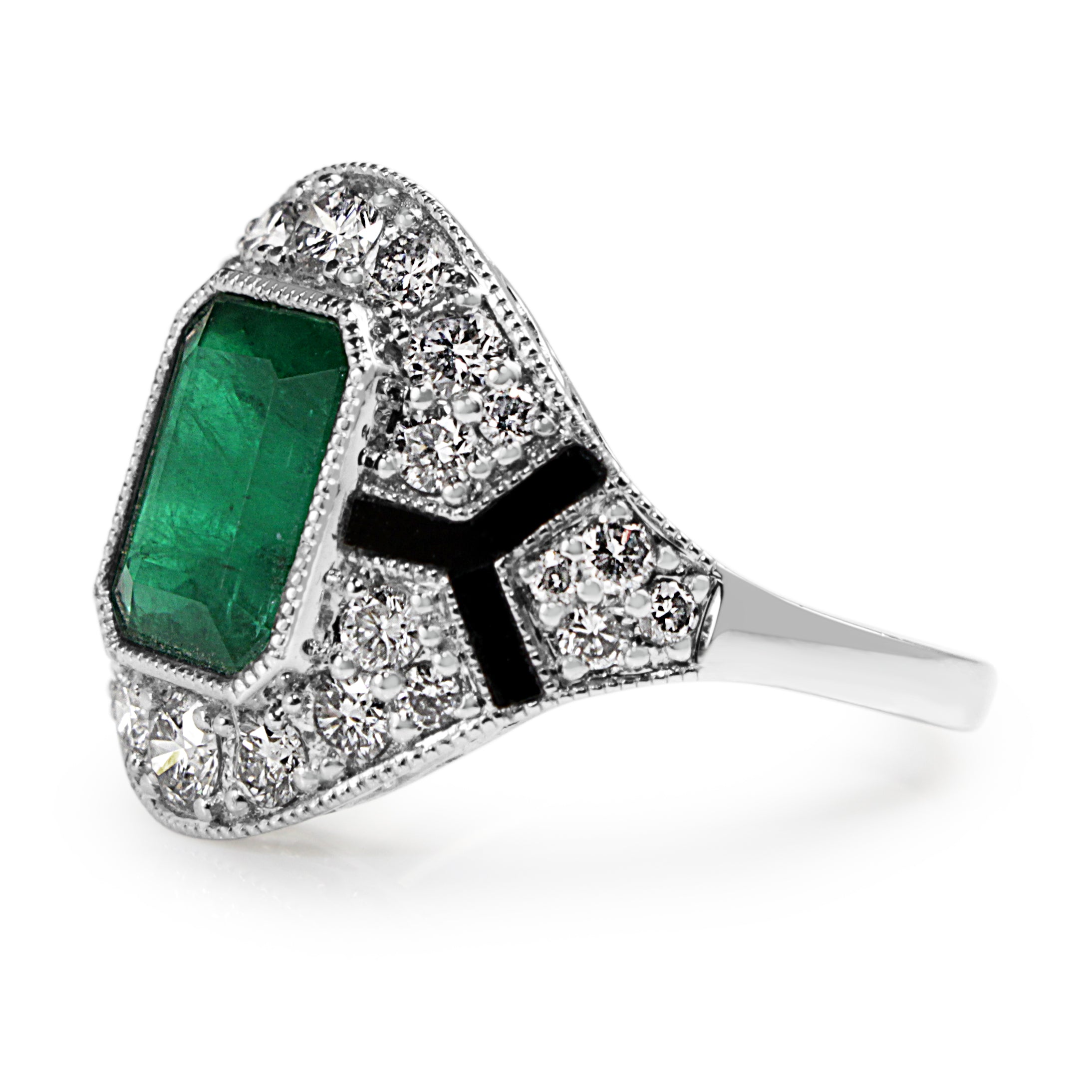 Platinum Emerald, Enamel and Diamond Deco Style Ring