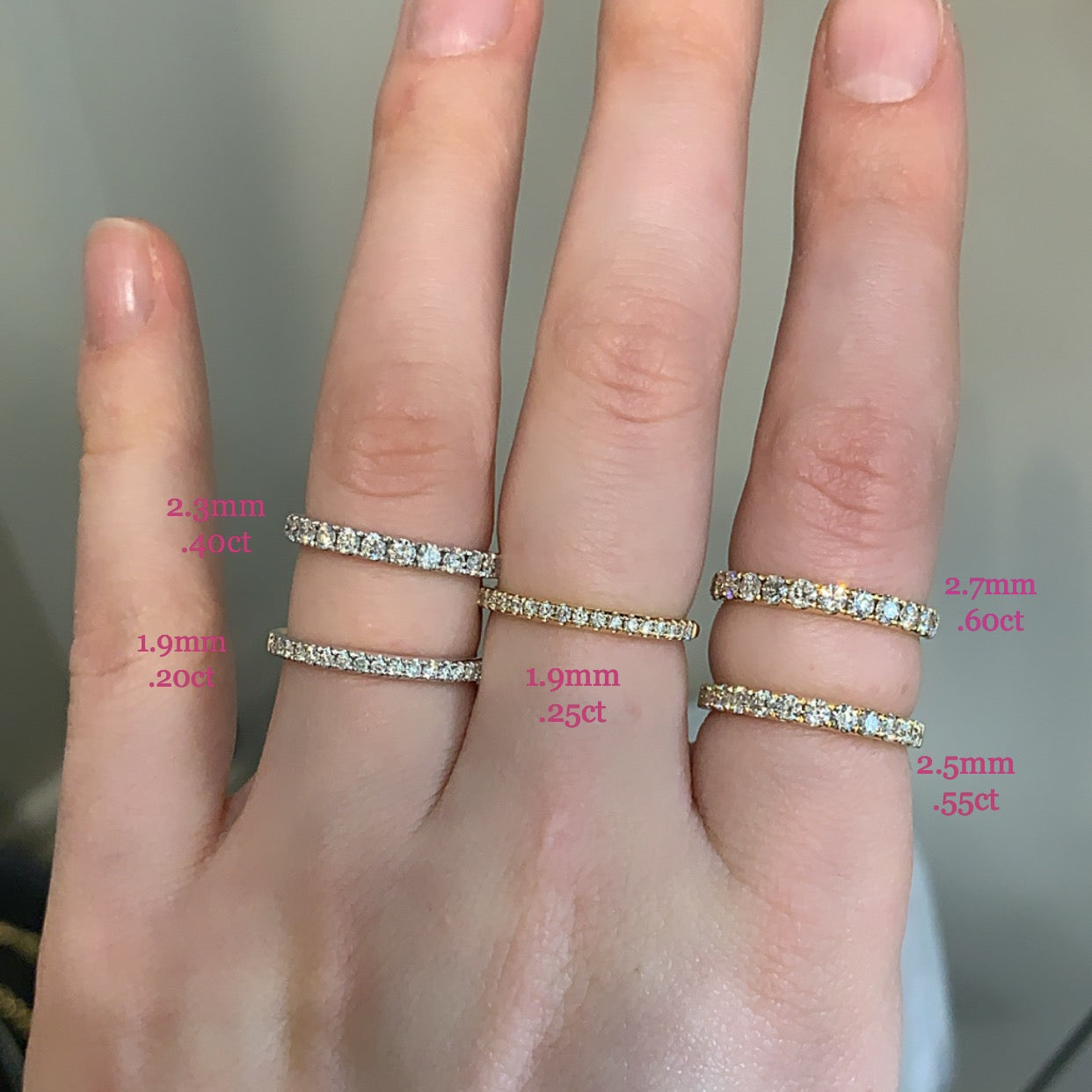 Diamond band width comparison including the 1.9mm 0.20ct yellow and white gold band