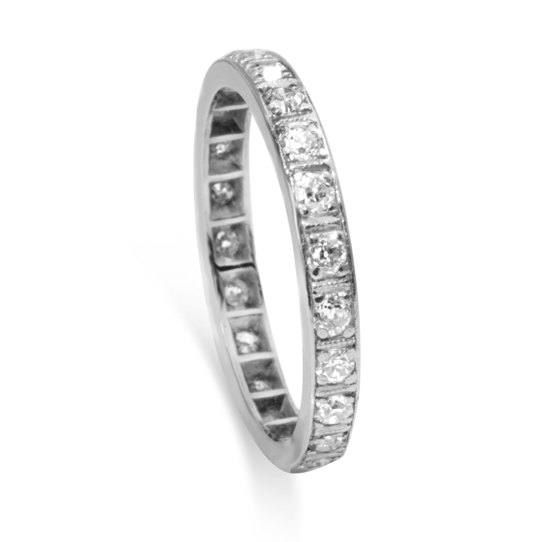 Platinum 0.50ct single cut diamond wedding band shown at an angled upright view