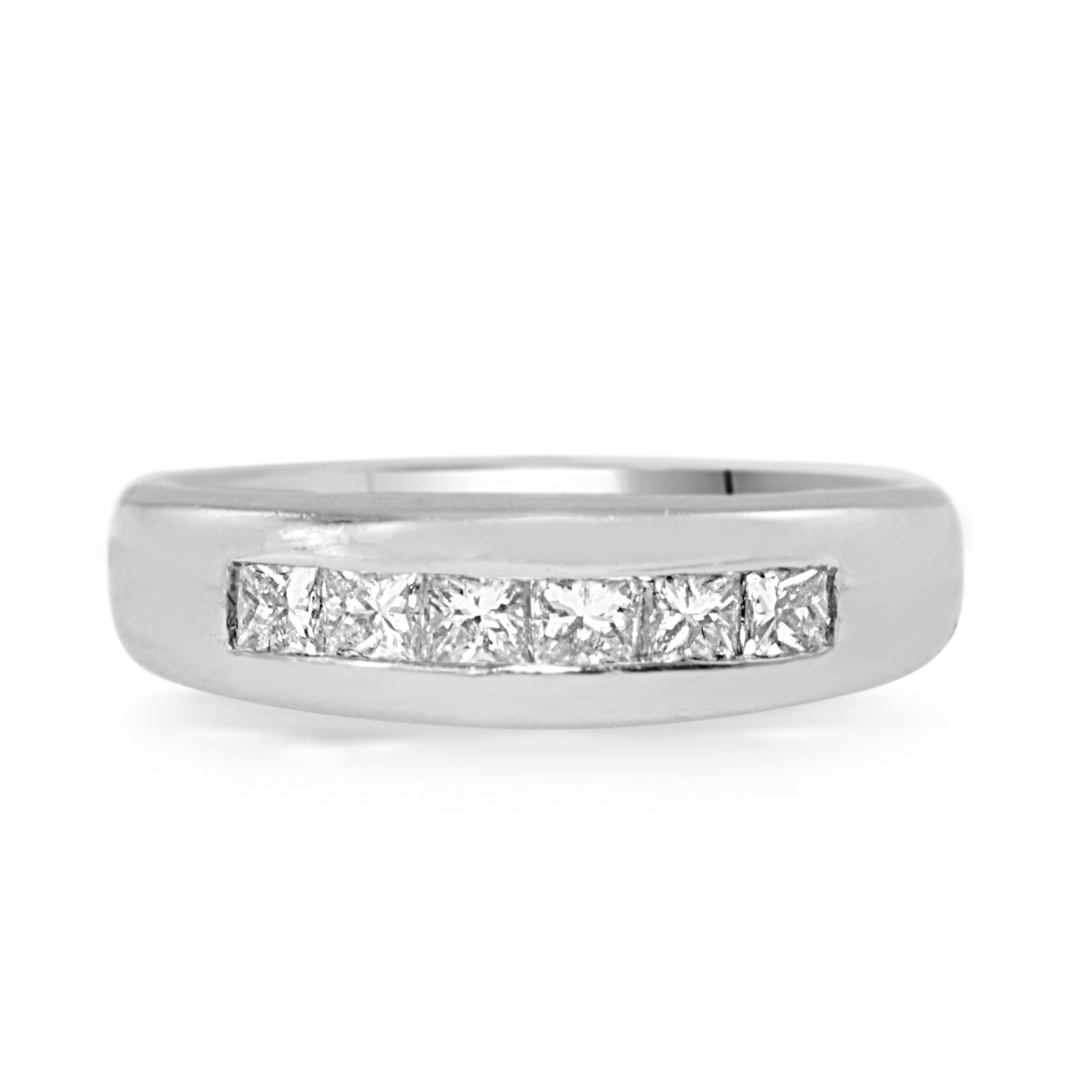 Platinum 0.65ct channel set princess cut diamond wedding band front view